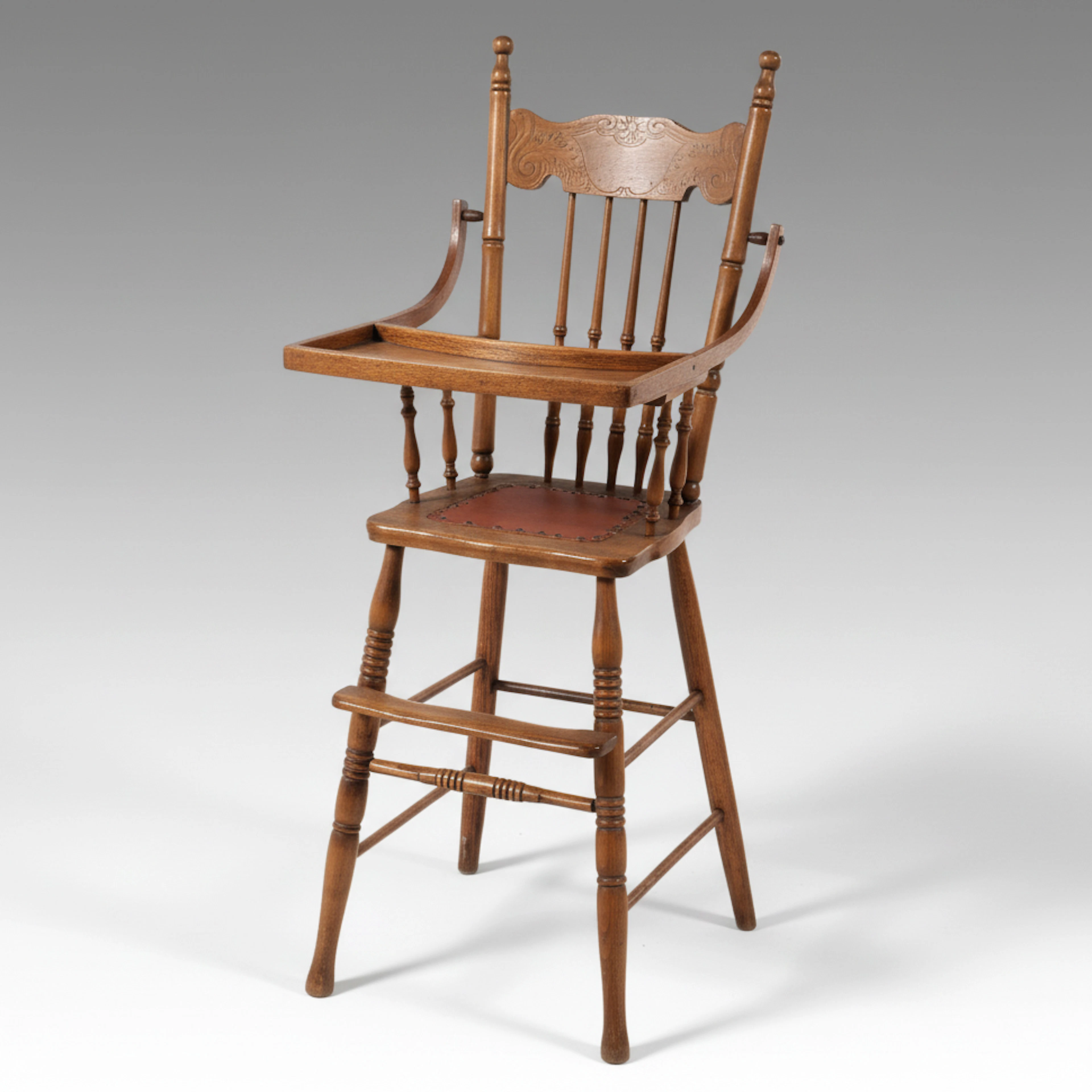 Victorian Press Carved Oak Highchair with Leather Seat, Late 19th/