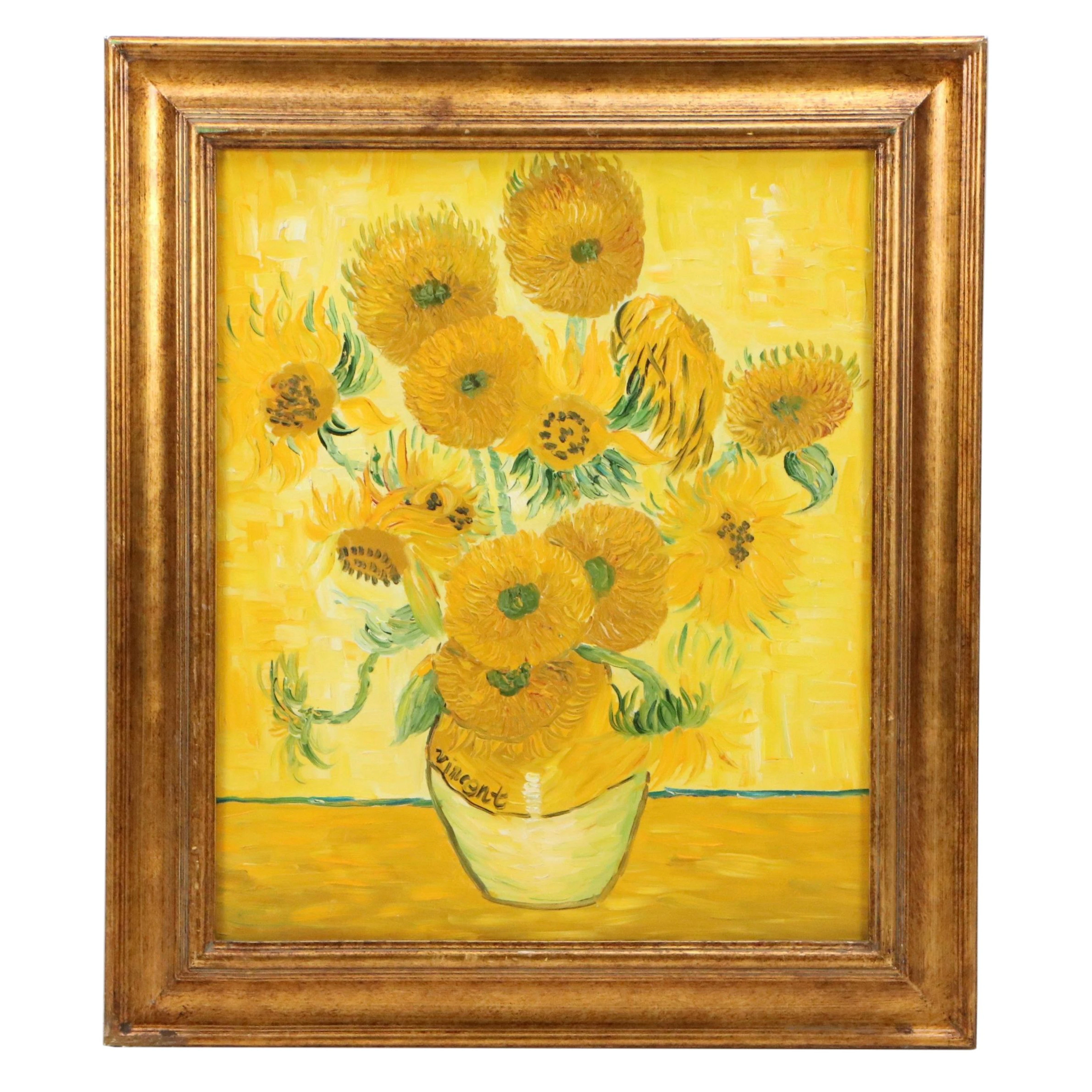 Oil Painting After Vincent van Gogh "Vase with Fifteen Sunflowers,"
