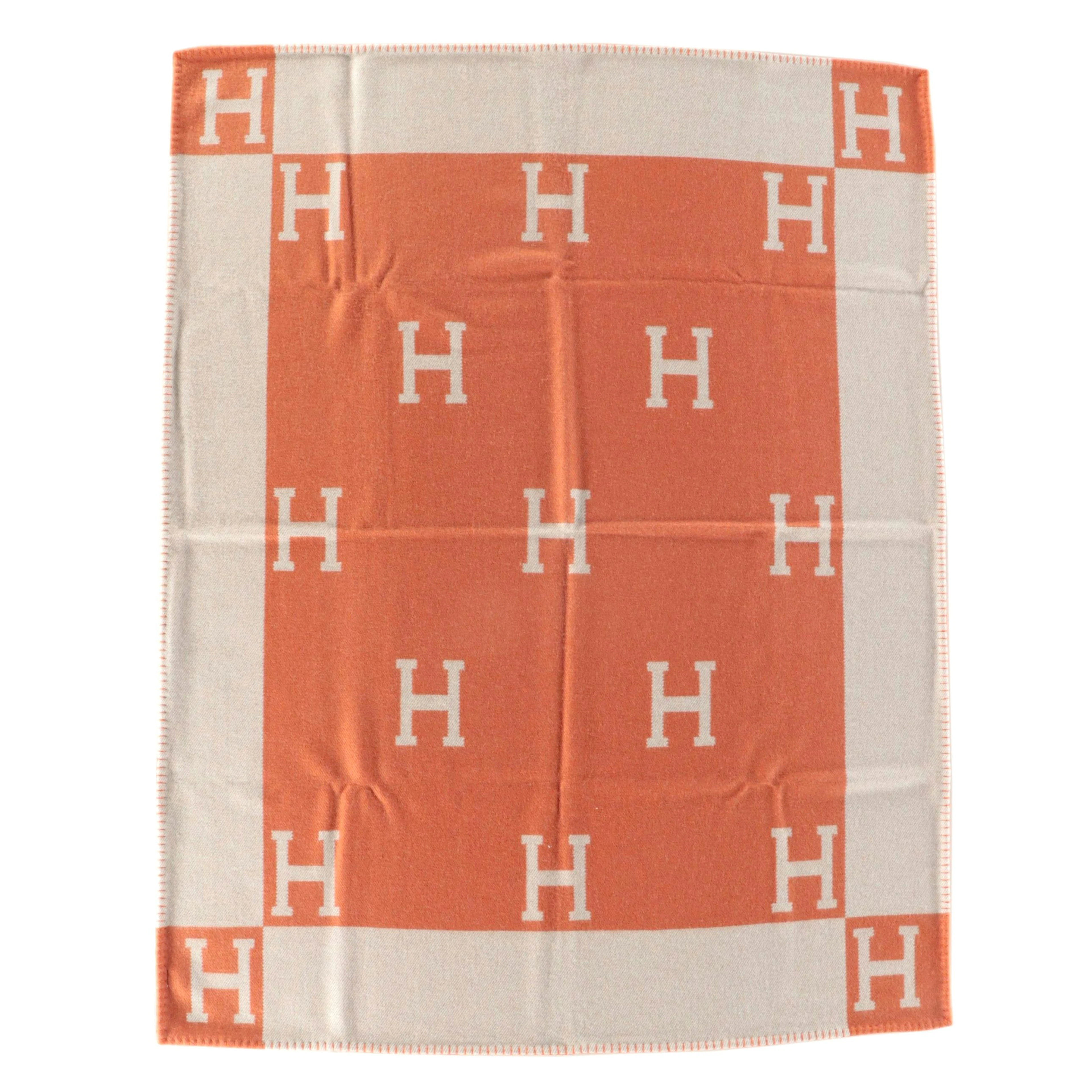 Hermés Avalon Throw Blanket in Orange and Cream Merino Wool and Cashmere Blend