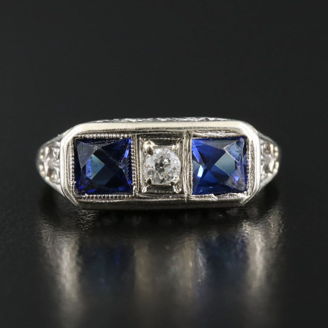 Art Deco 18K Sapphire and Diamond Ring with Scrolled Setting