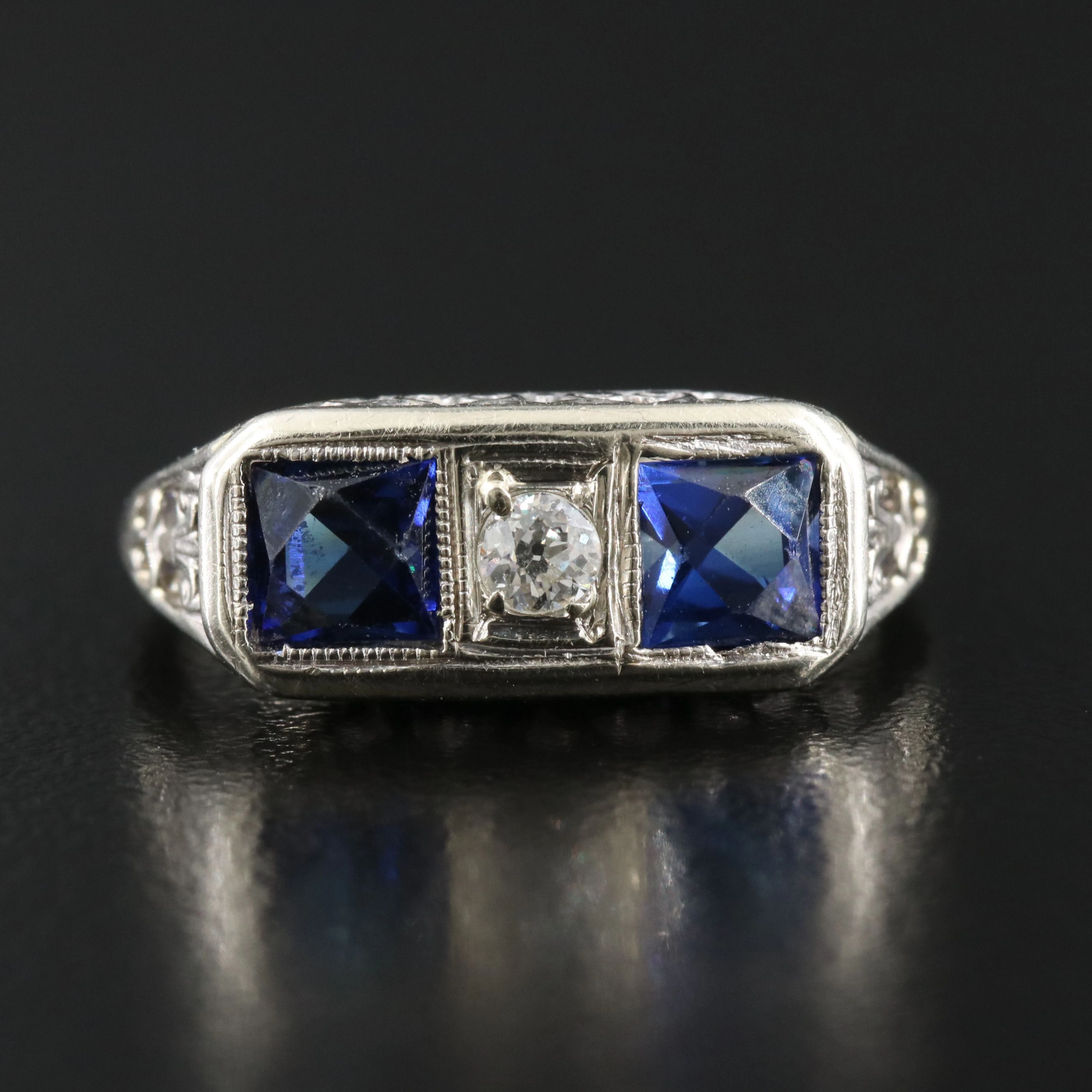 Art Deco 18K Sapphire and Diamond Ring with Scrolled Setting
