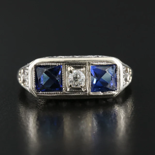 Art Deco 18K Sapphire and Diamond Ring with Scrolled Setting