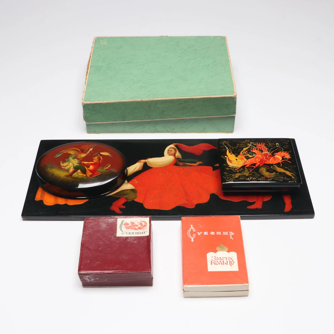 Russian Folk Art Hand-Painted Lacquer Boxes with Wall Panel and Pocket Journal