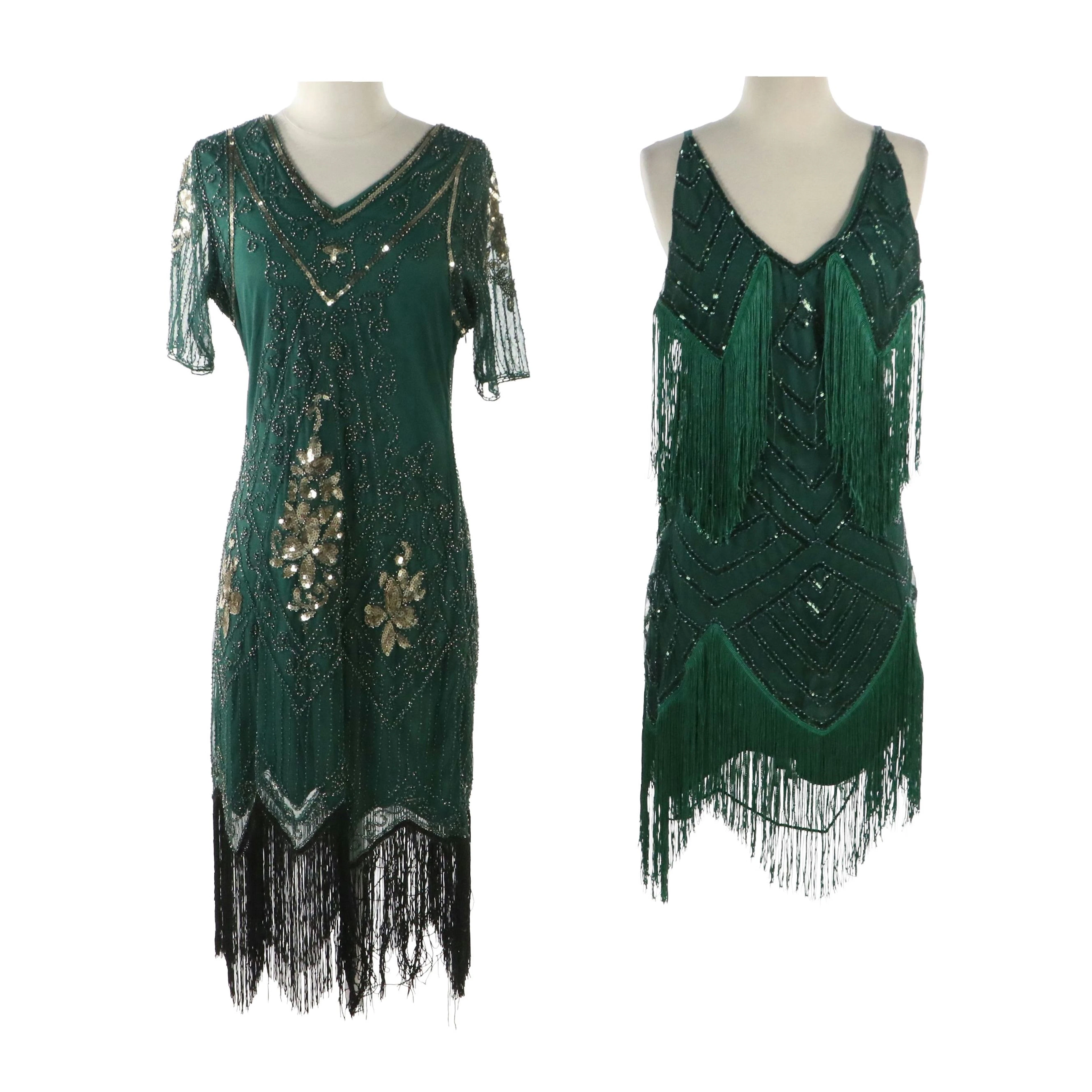 Sweet V Dark Green and Gold Embellished Flapper-Style Dresses, With Tags