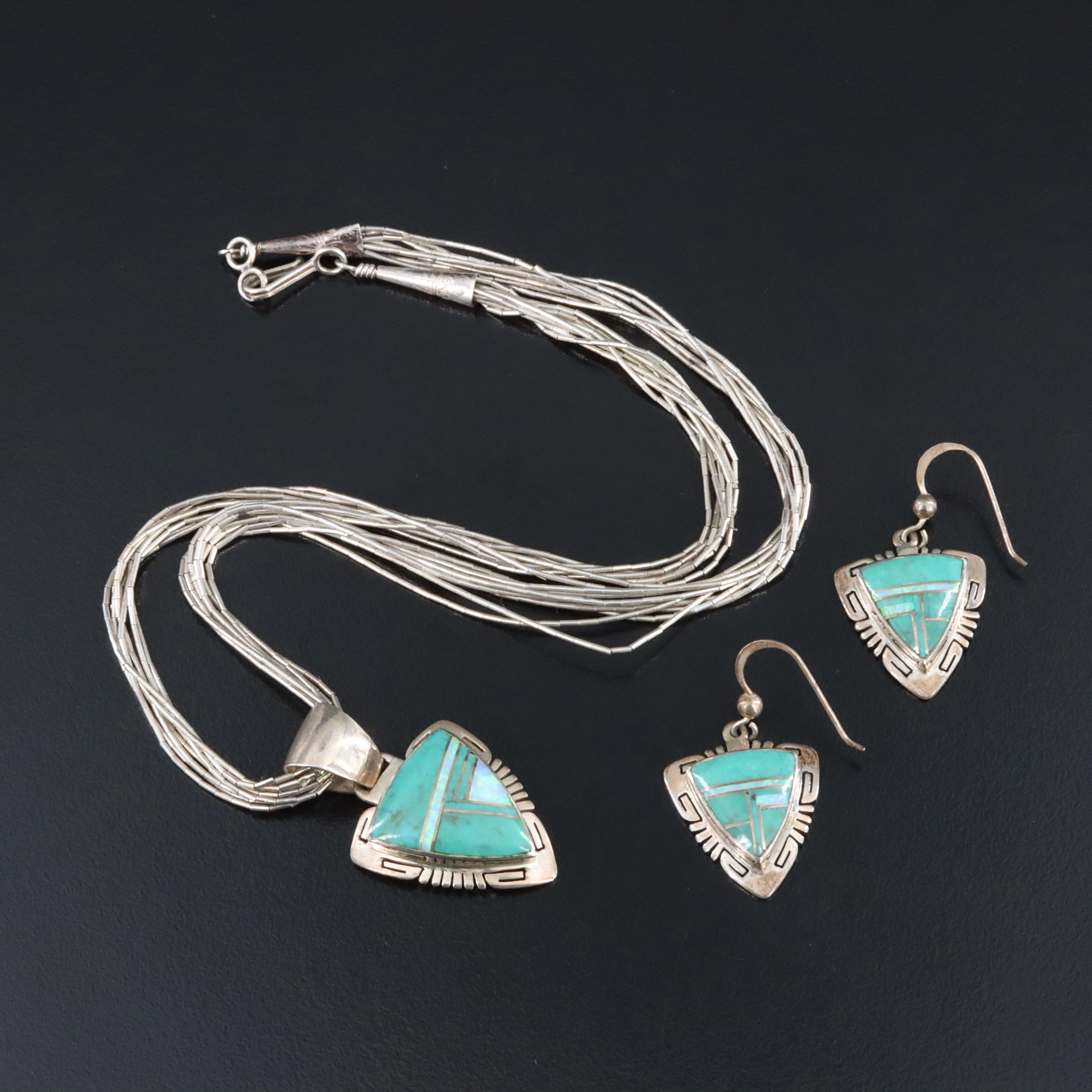 Kenneth Bitsie Navajo Diné Sterling Turquoise & Opal Inlay Necklace & Earrings
