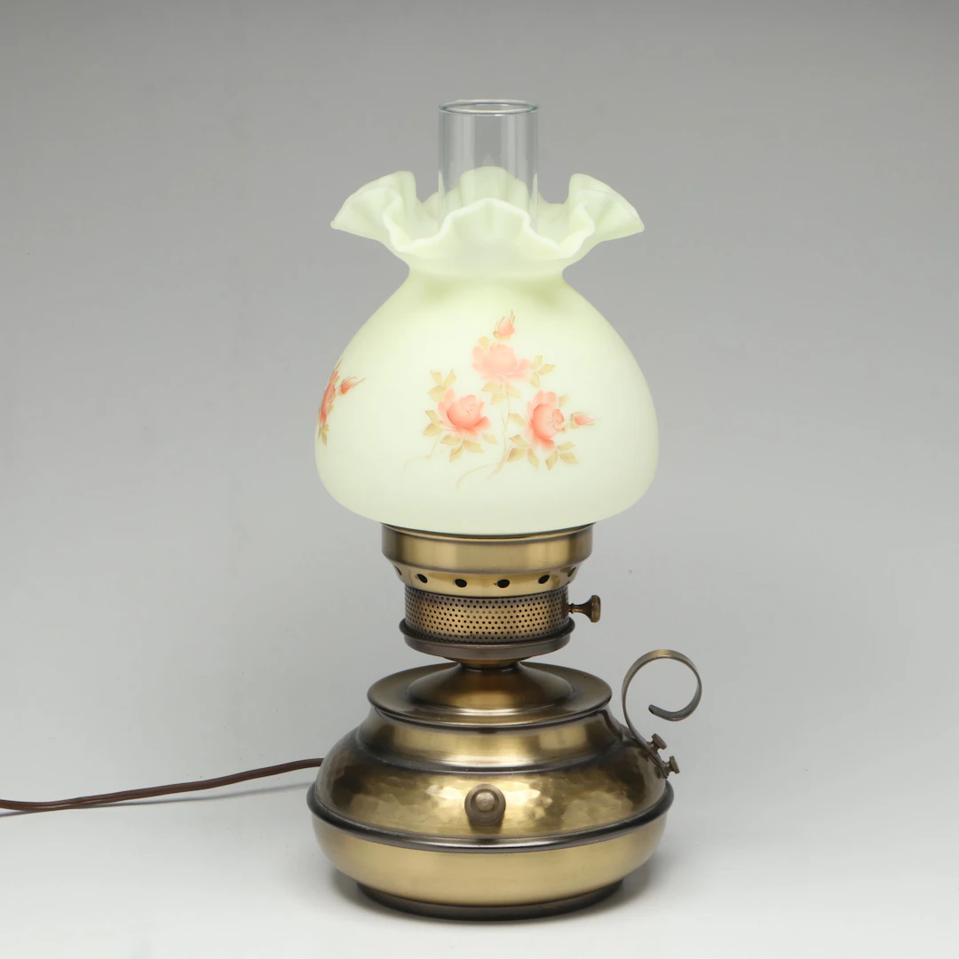 Fenton Hand-Painted Custard Glass Oil Lamp Style Table Lamp