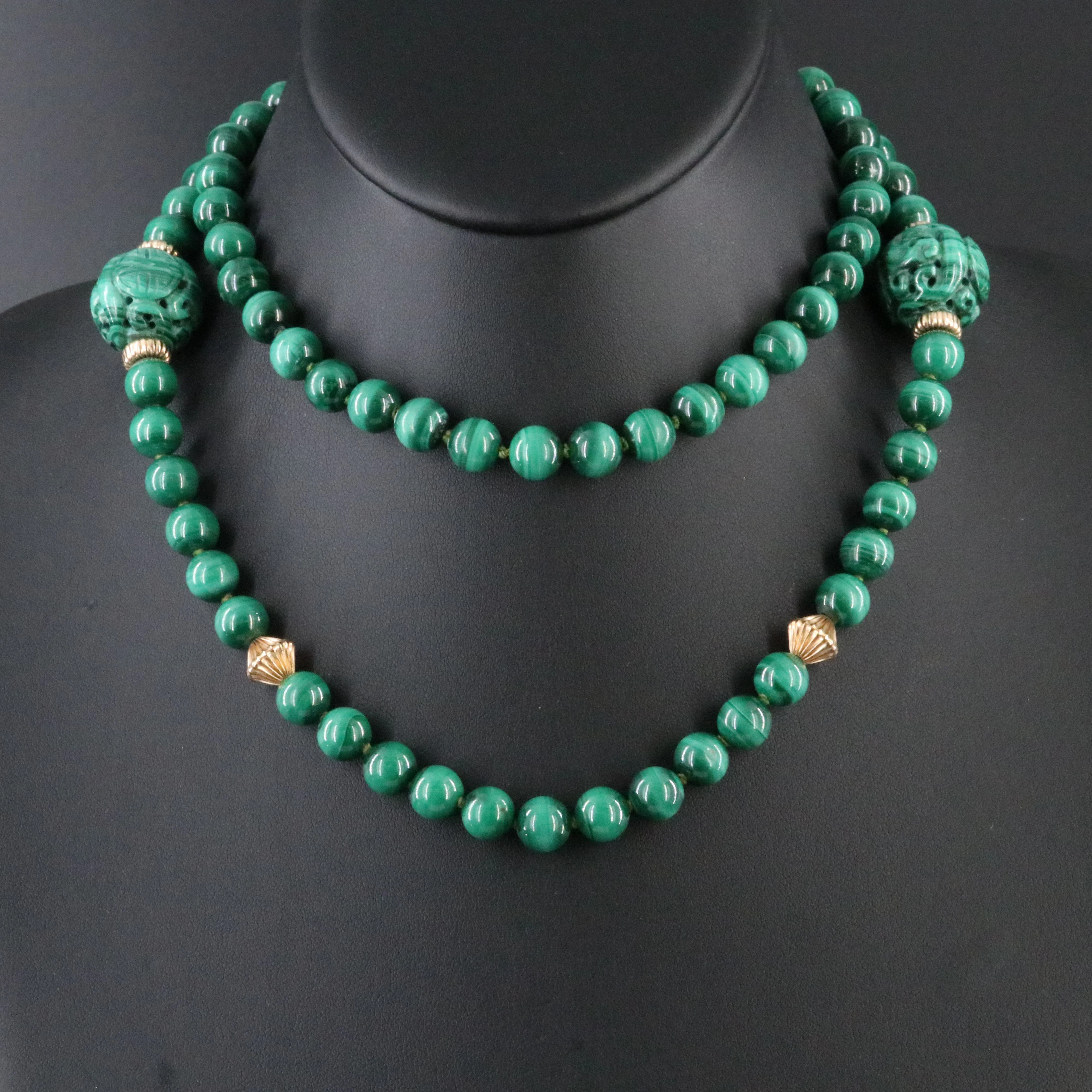 Malachite Carved Bead Double Happiness Necklace