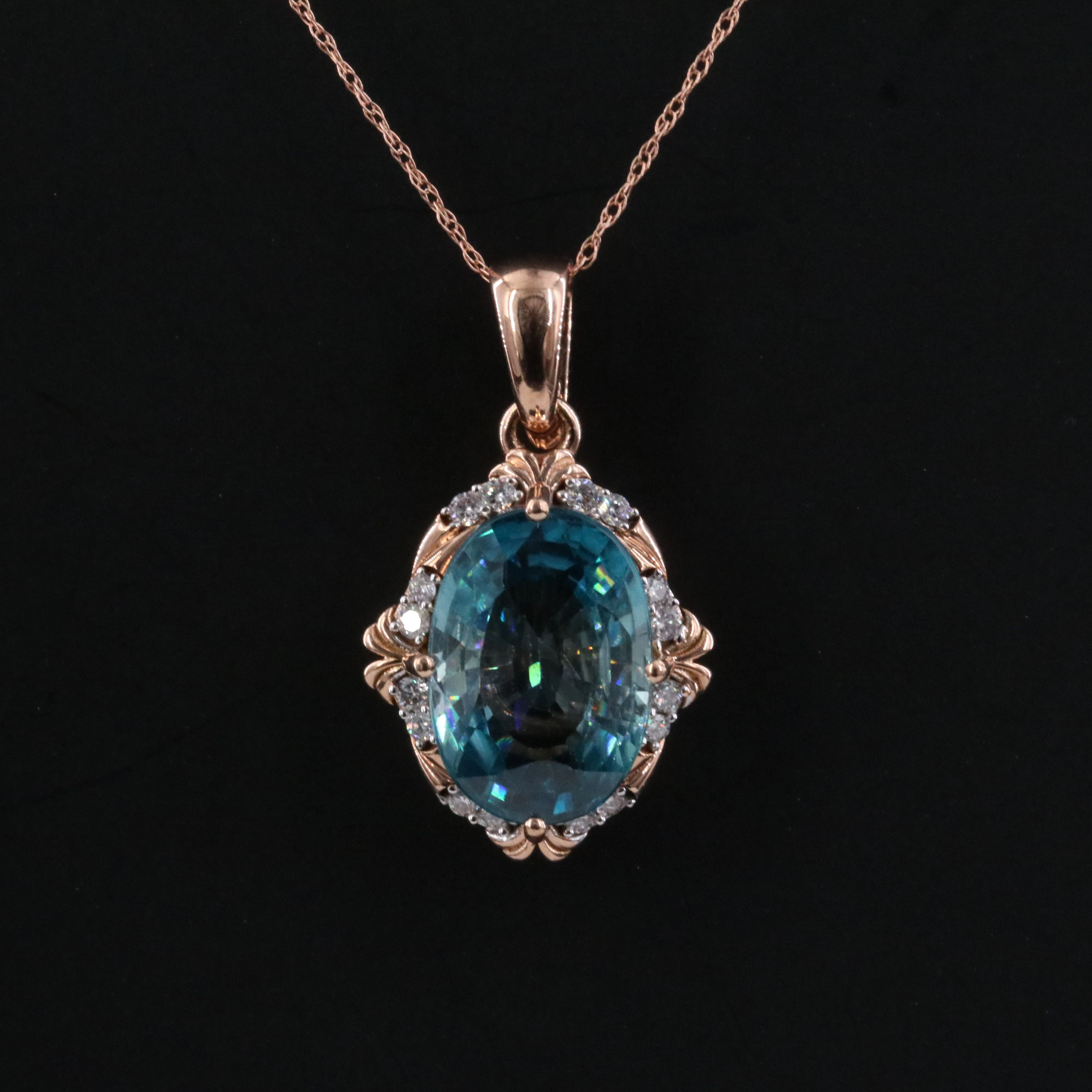 Lance Fischer 14K Rose Gold Blue Zircon and Diamond Enhancer Pendant Necklace