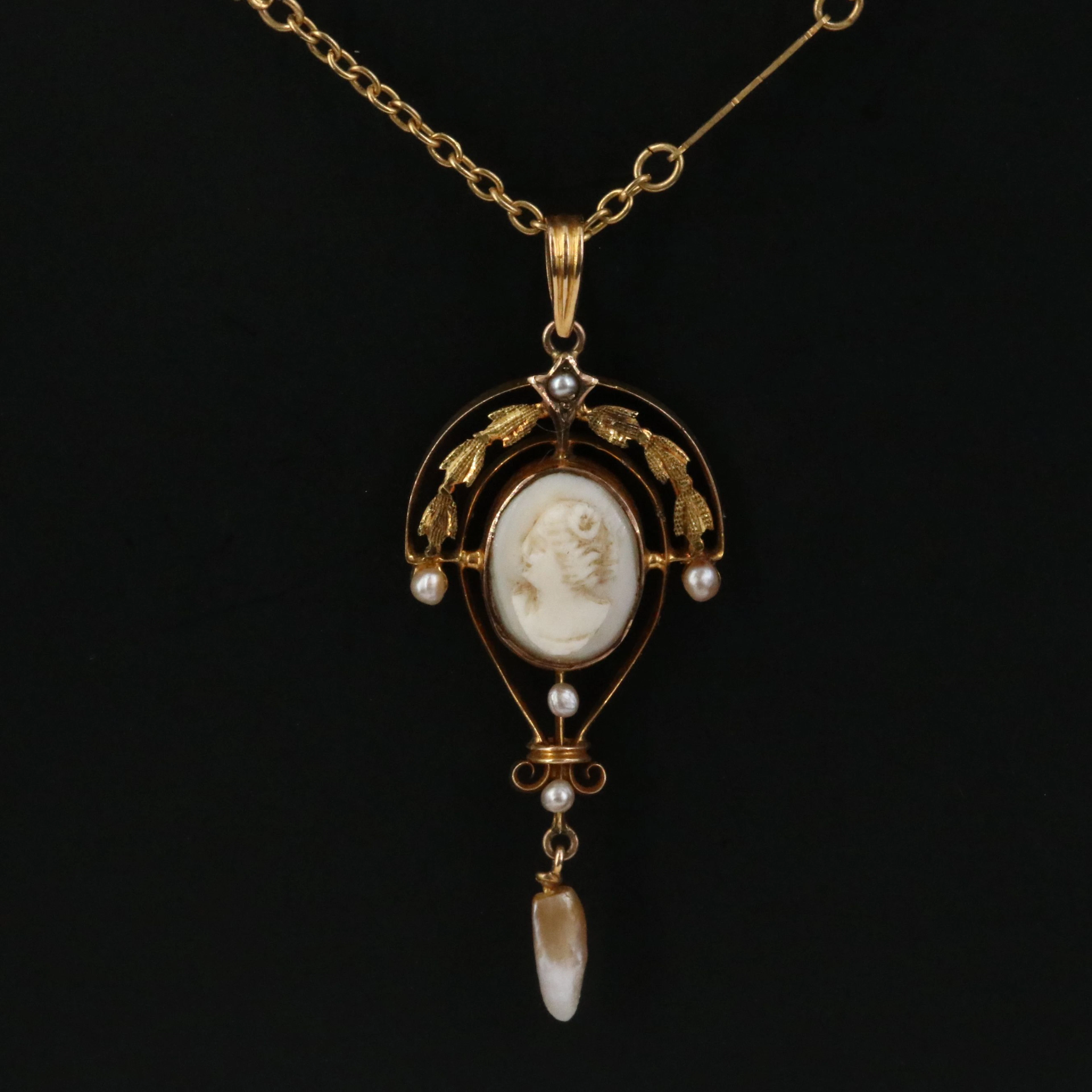 Art Nouveau 10K Rose & 14K Green Gold Shell Cameo Pendant with Station Chain