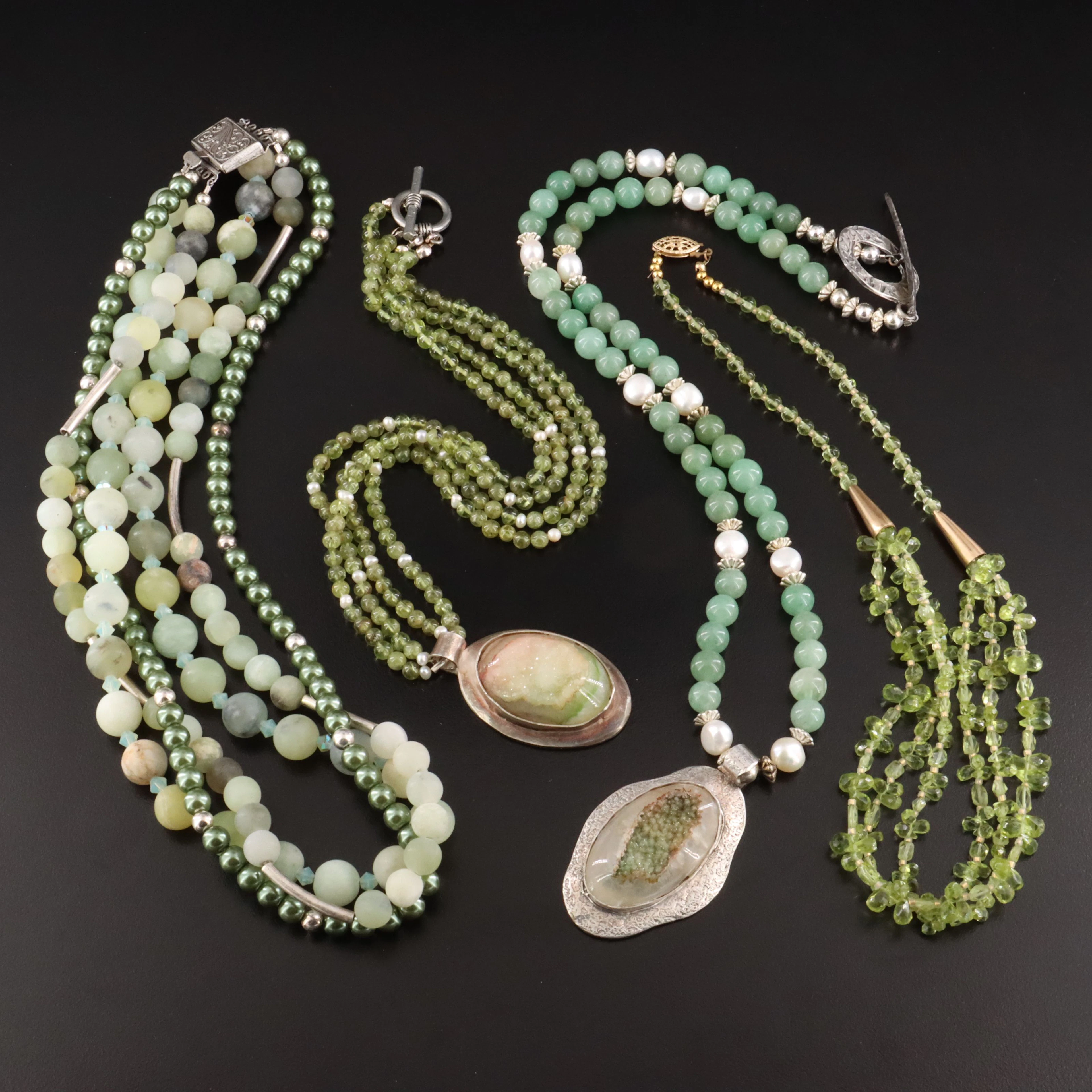 Peridot, Aventurine, Pearl and 999 Silver Featured in Green Tone Necklaces