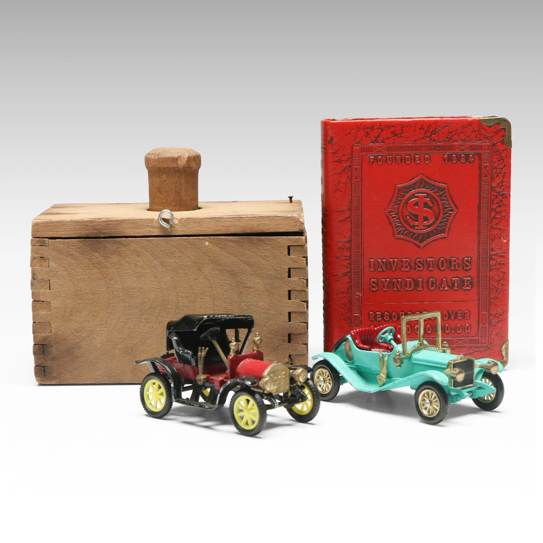 Primitive Butter Mold with Book Coin Bank and Lesney, Other Diecast