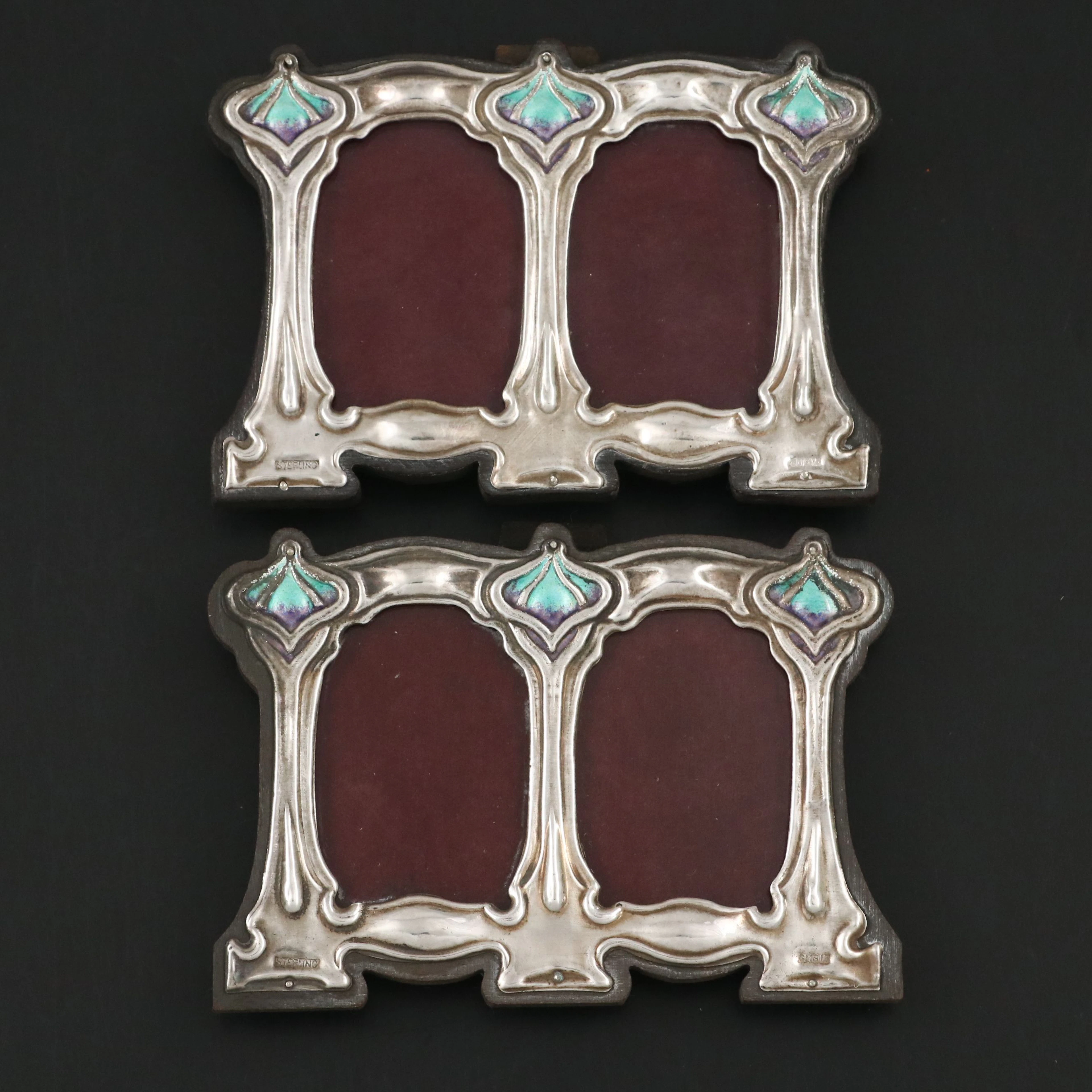 Arts and Crafts Style Enameled Sterling Silver Twin-Photograph Frames