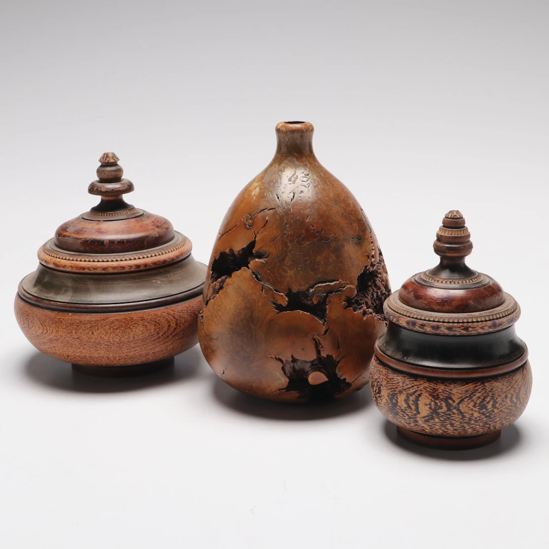 Russian Hand-Carved Wooden Boxes with Burl Wood Bud Vase