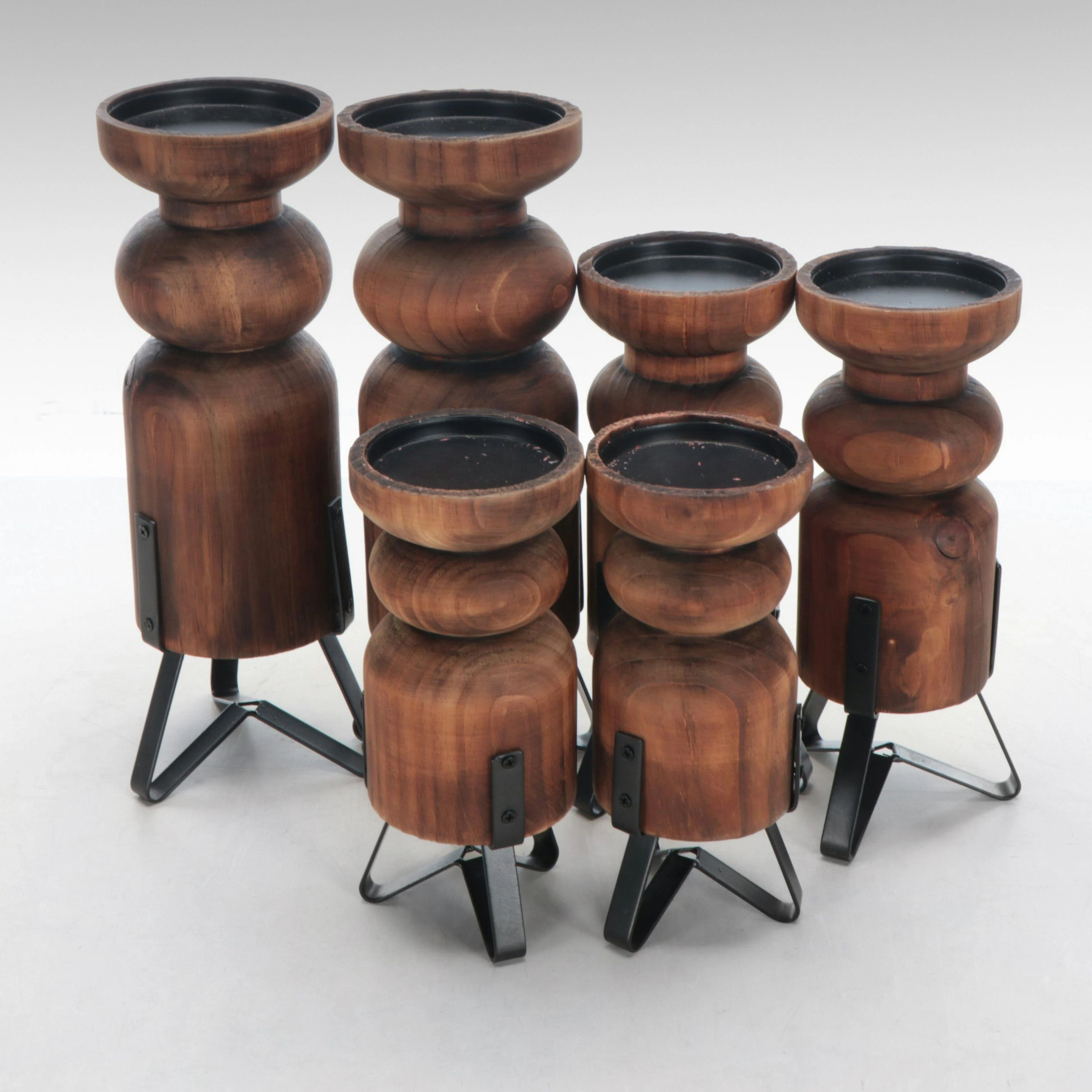 Turned Wood and Bent Metal Candle Holders