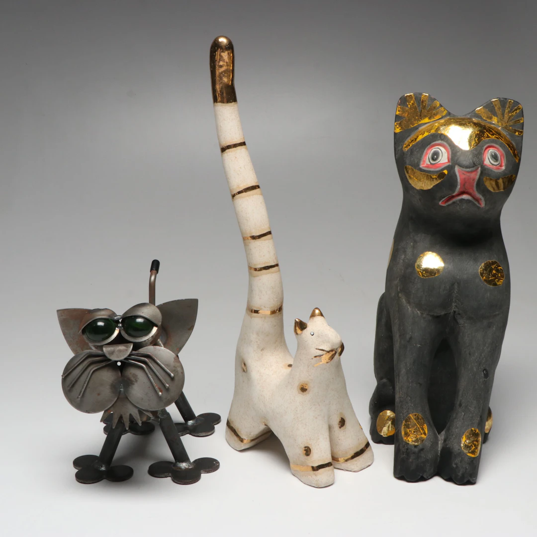 Steampunk Style Metal Cat with Other Parcel Gilt Cat Figures