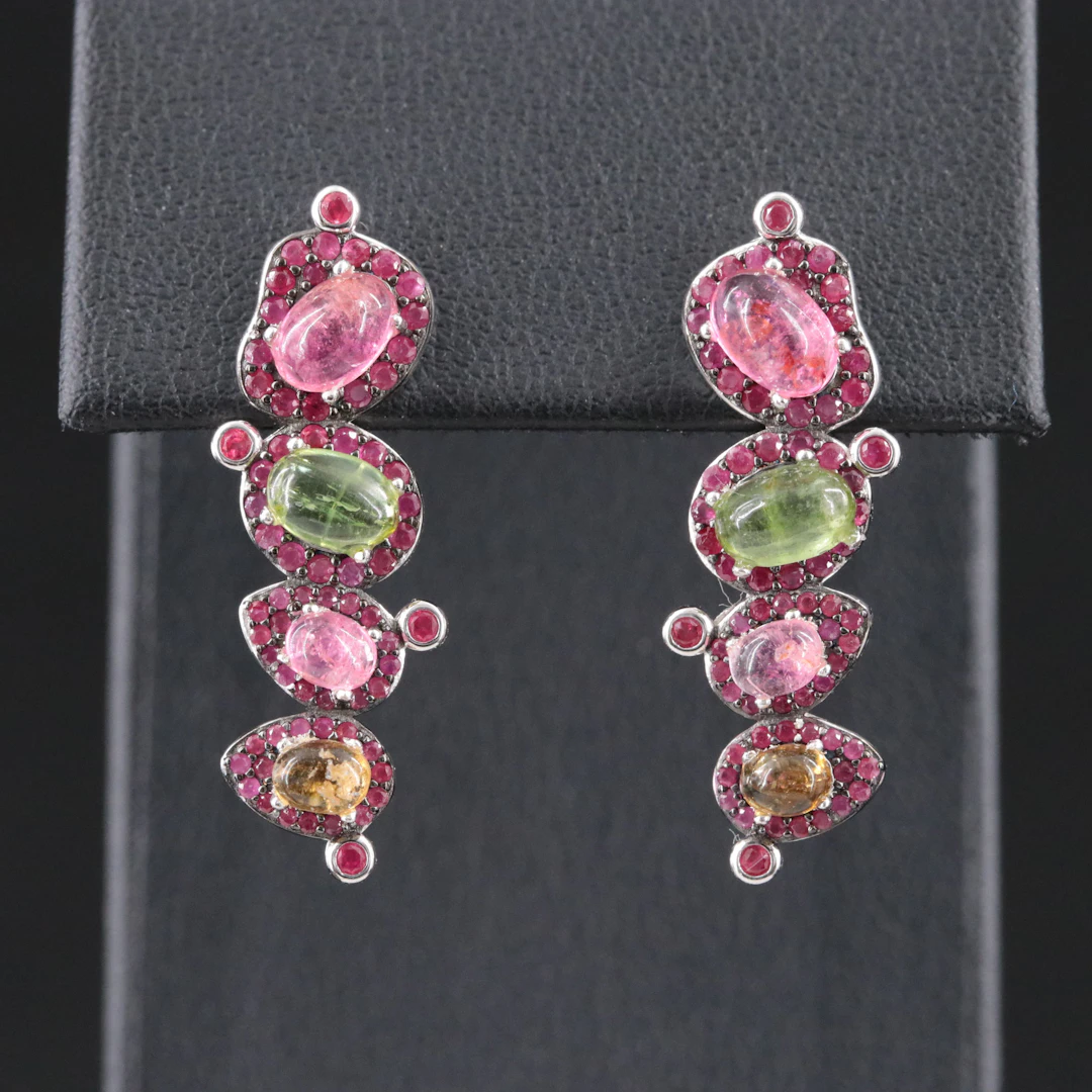 Sterling Tourmaline and Ruby Earrings