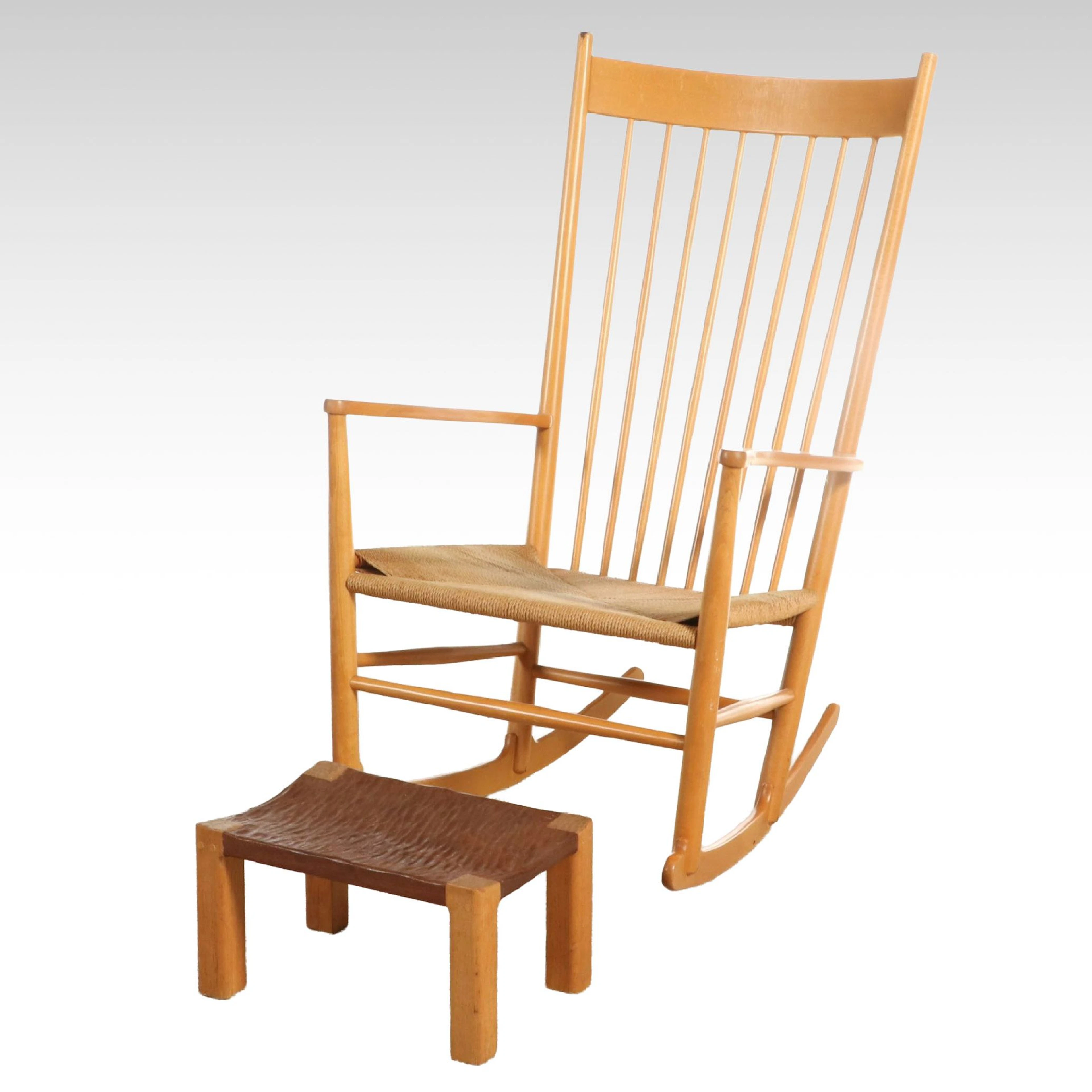 Spindle-Back Wood Rocking Chair with Rush Seat and Handmade Wood Footstool