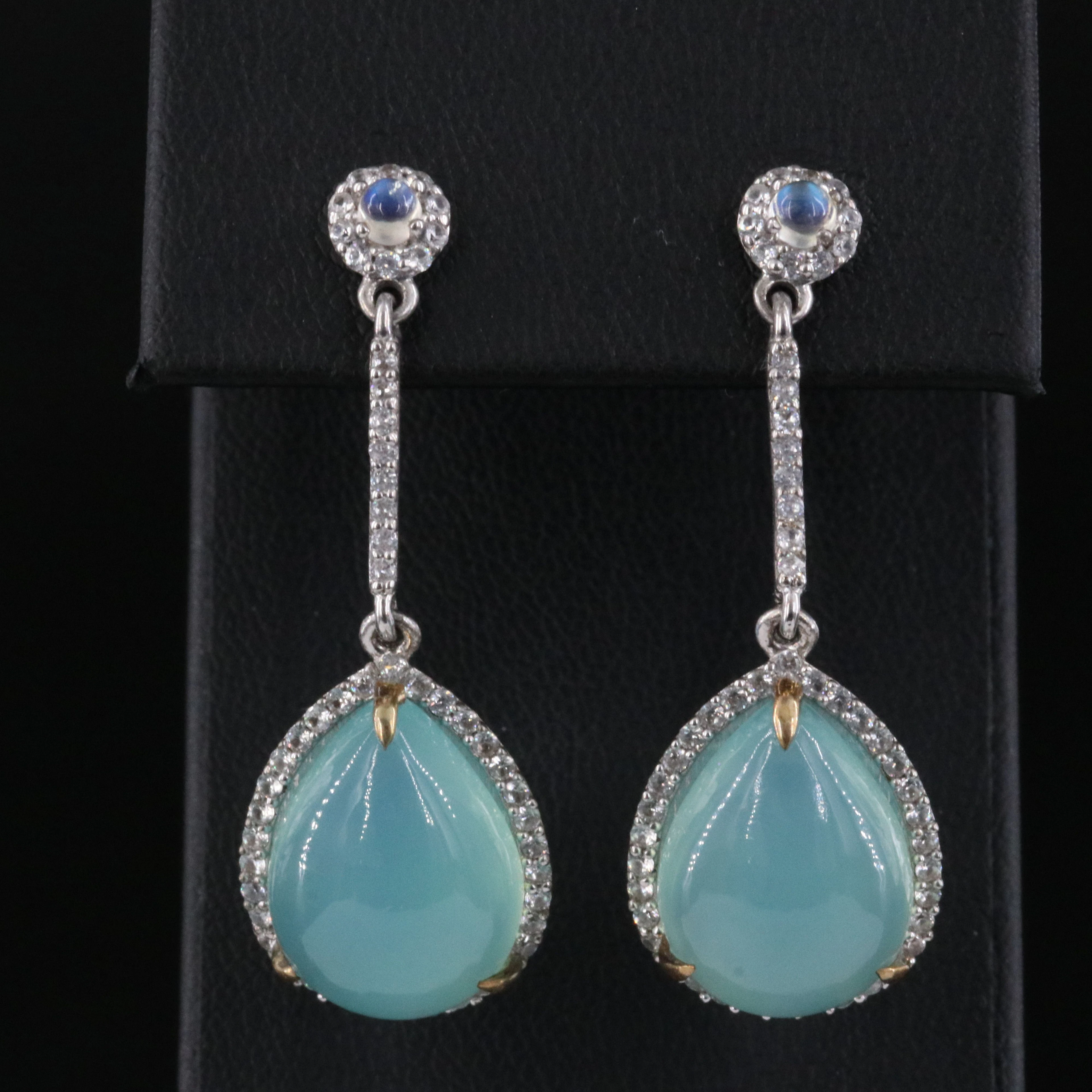 Sterling Chalcedony and Moonstone Earrings with White Zircon Halo