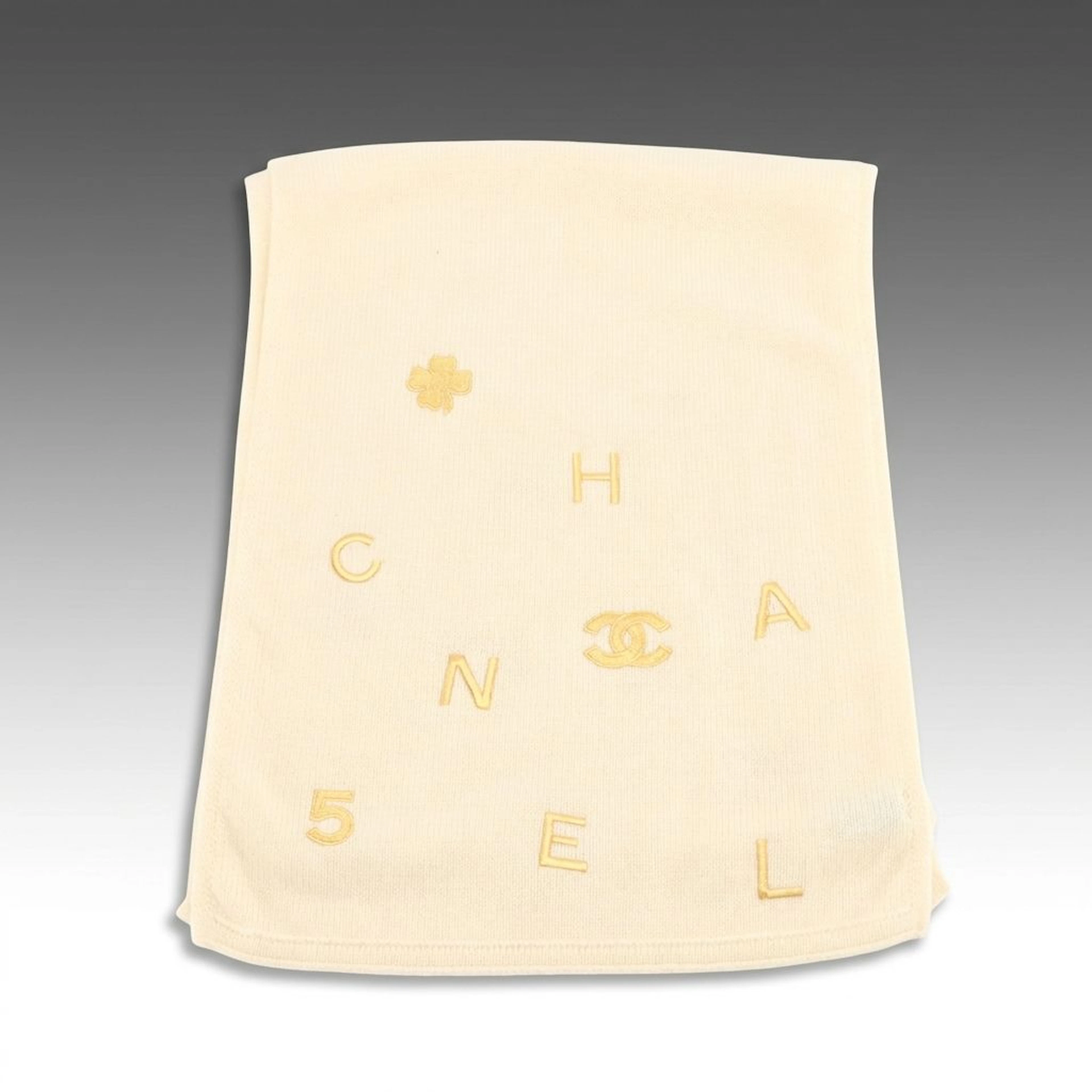 Chanel Clover CC Logo Embroidered Scarf in Knit Cream Cashmere
