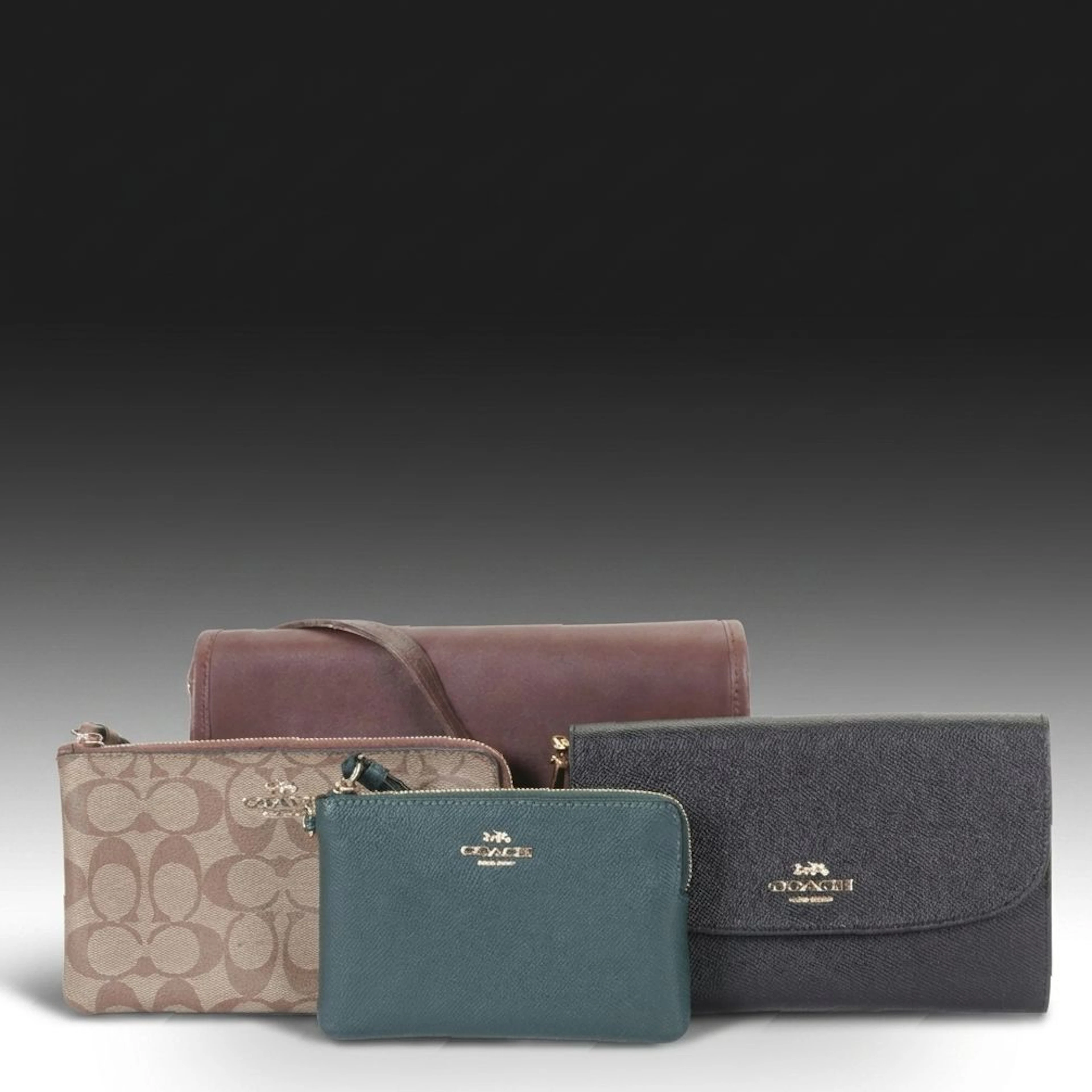 Coach Brown Leather Crossbody with Forest Green, Black and Monogram Wristlets
