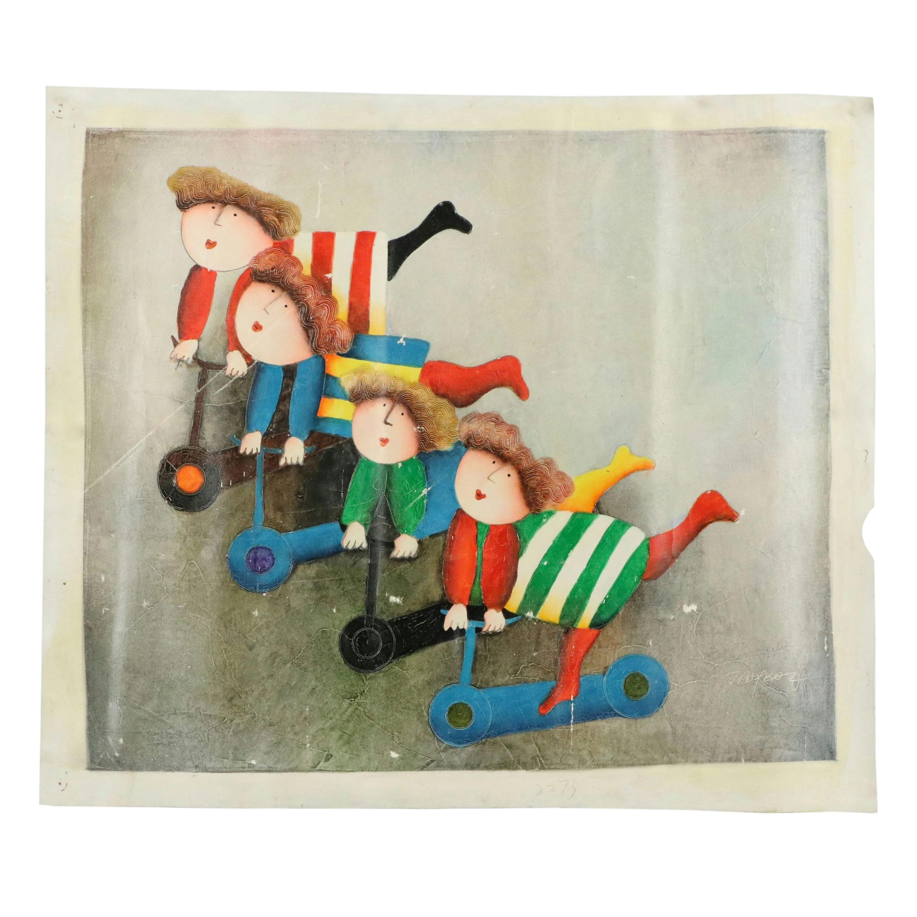 Joyce Roybal Folk Art Style Oil Painting of Children on Scooters