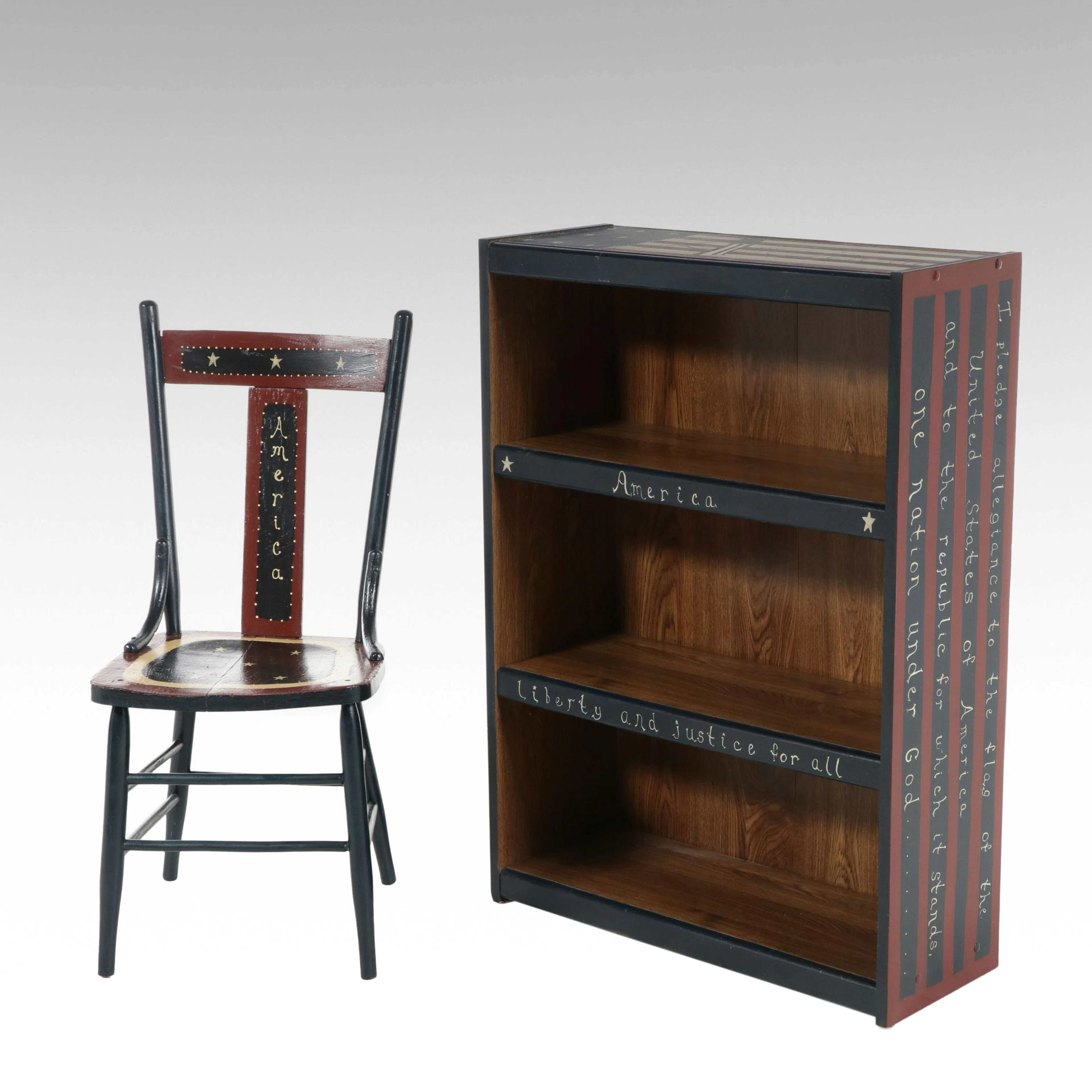 Americana Themed Hand-Painted Chair and Small Bookcase