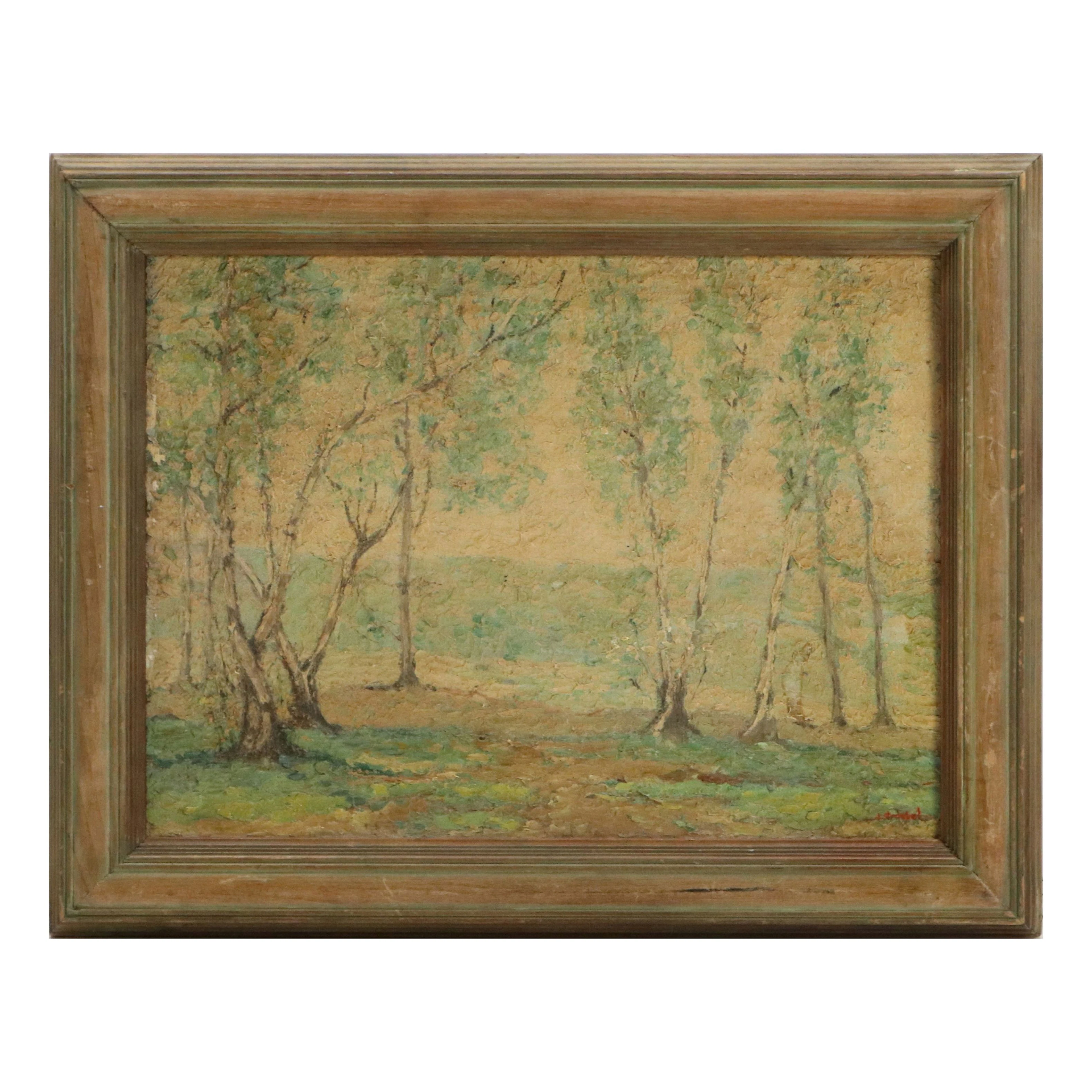 Antique Dutch School Post-Impressionist Landscape Oil Painting with Trees
