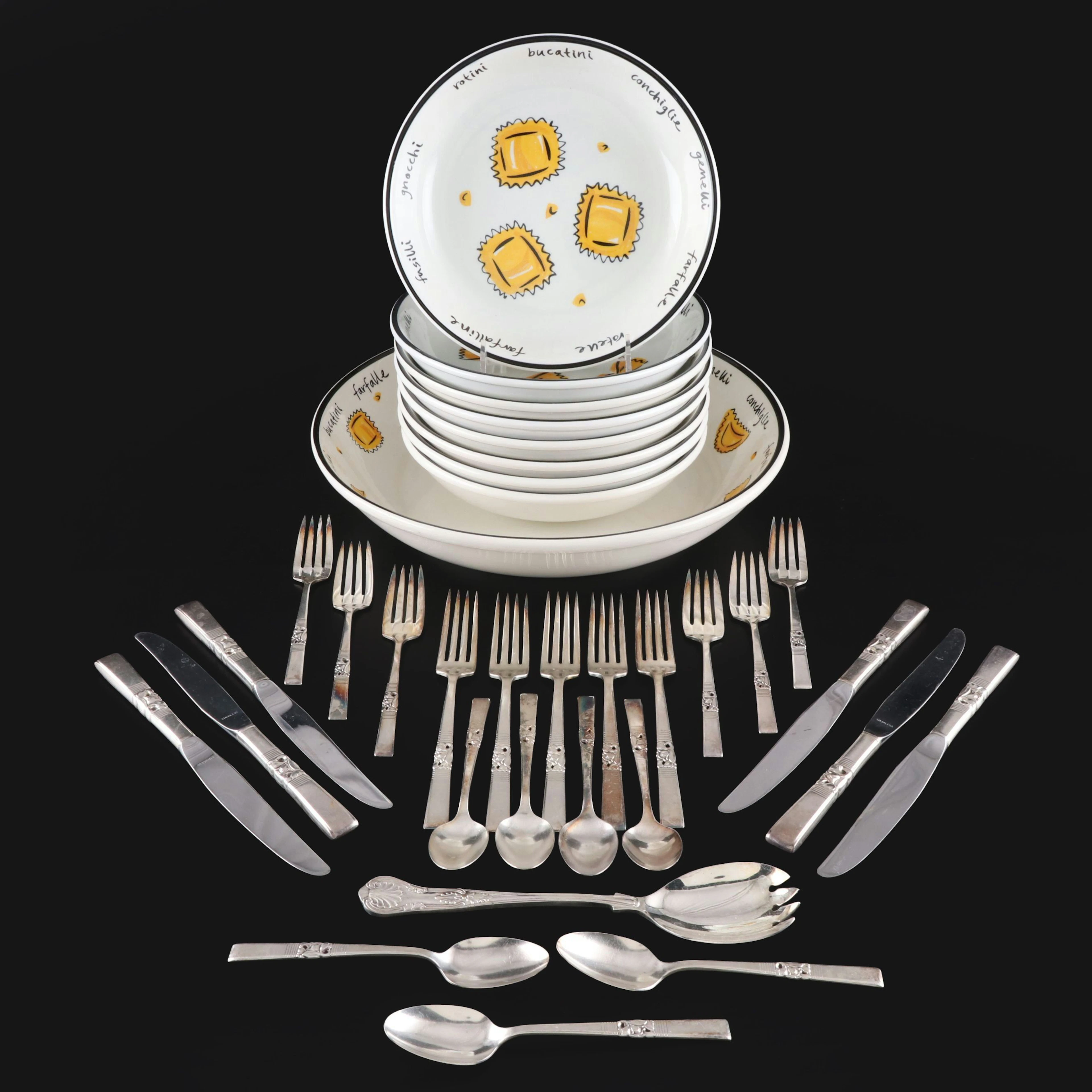 Oneida "Morning Star" Silver Plate Flatware with Pottery Barn Pasta Bowls