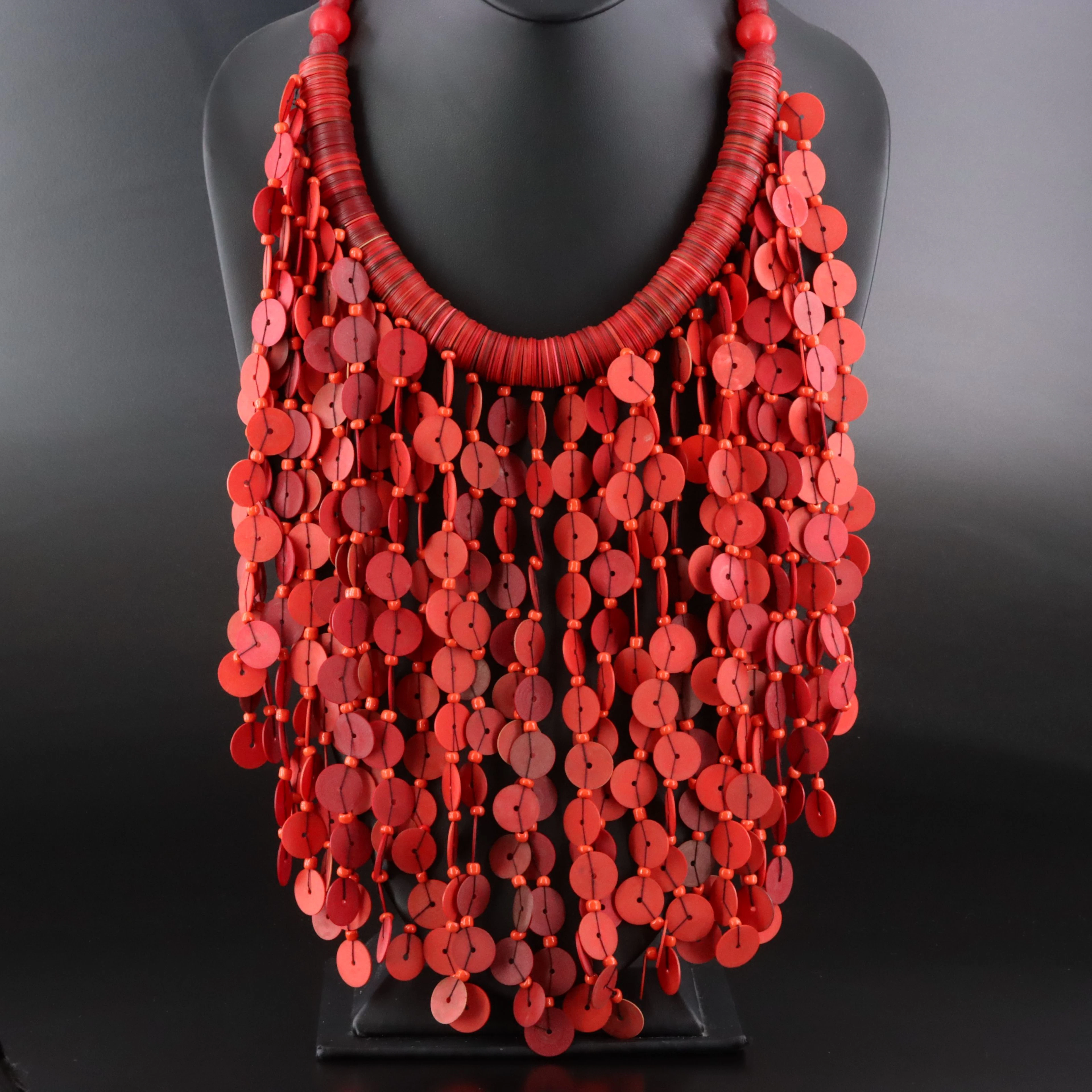 Pressed Resin Disc Fringe Necklace with Seed Bead Accents
