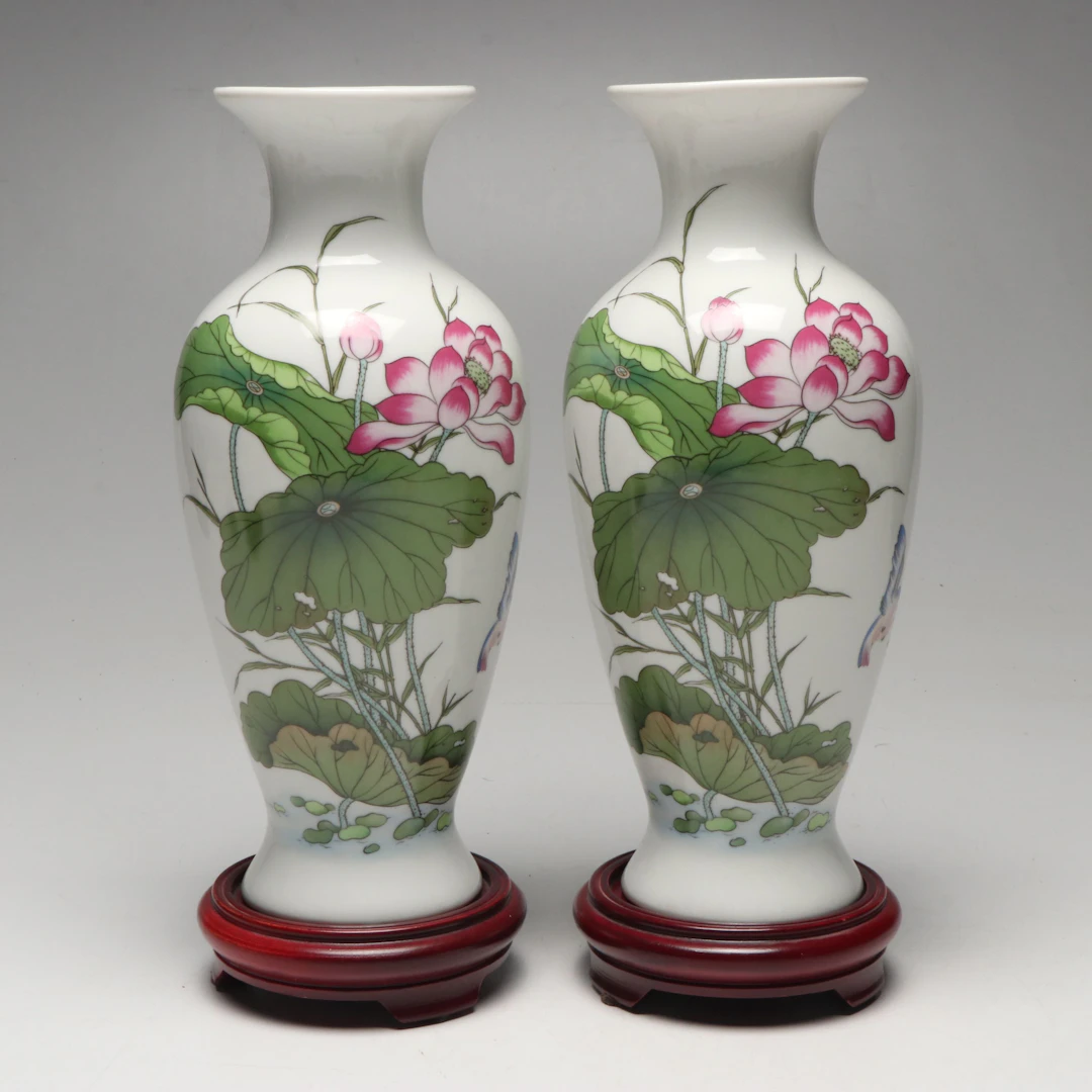 Pair of Chinese Porcelain Vases with Lotus Motif