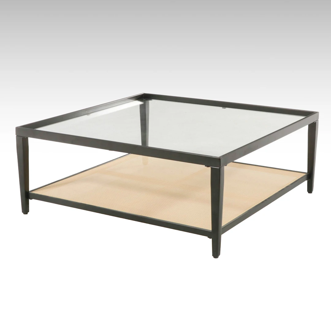 Contemporary Glass Top Cube-Shaped Coffee Table with Cane Shelf