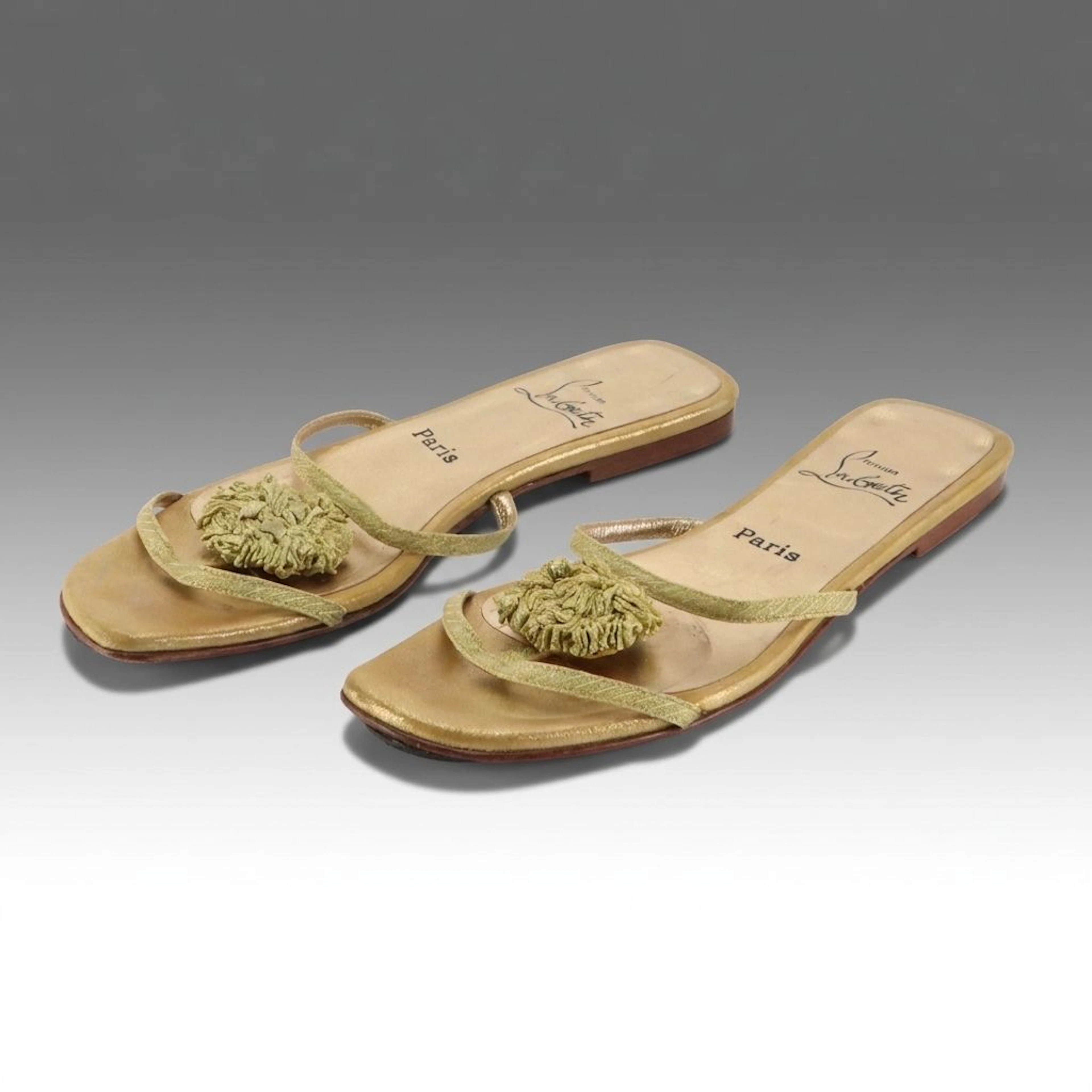 Christian Louboutin Slide Sandals in Gold Leather with Textured Flower