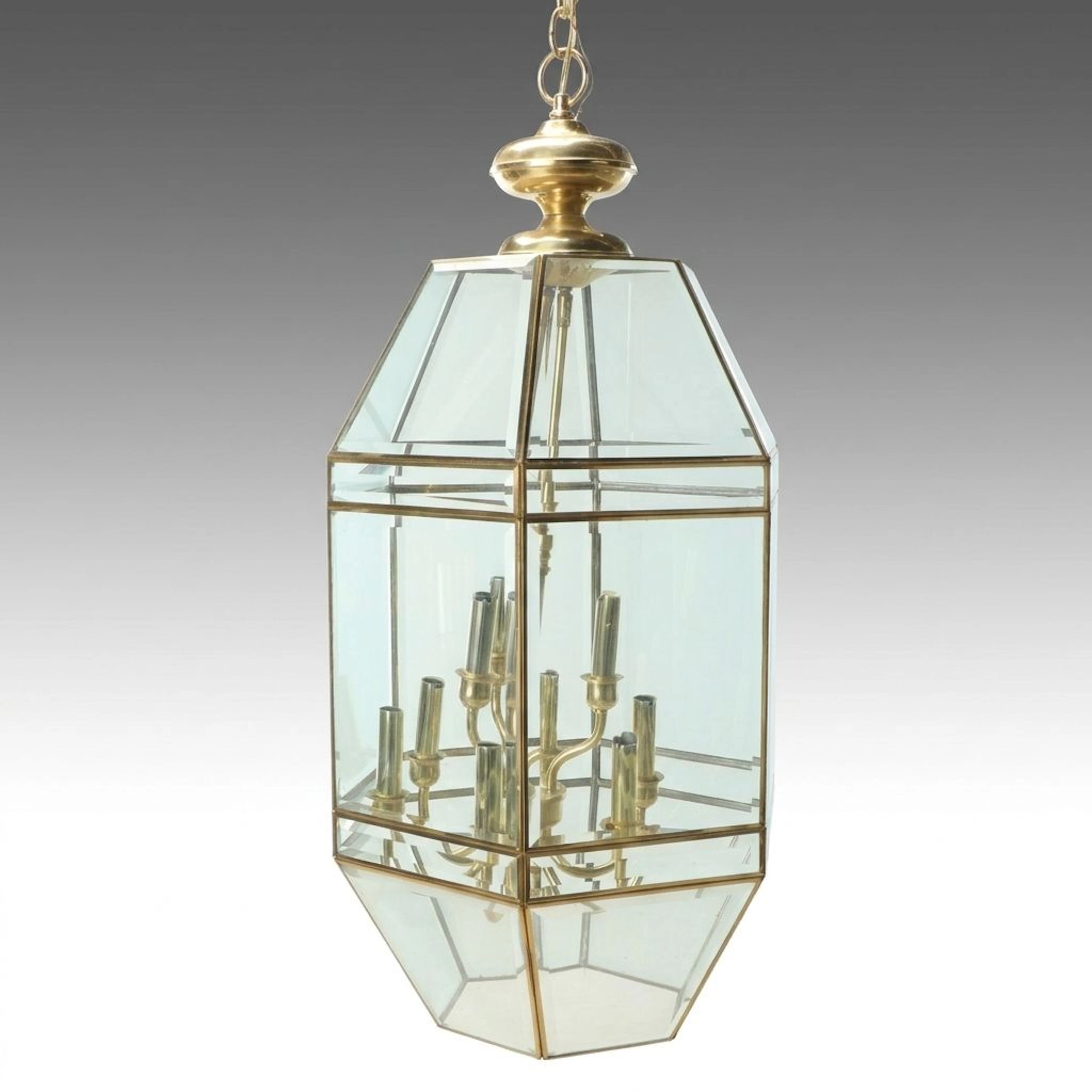 Hollywood Regency Style Hexagonal Brass and Beveled Glass Cage Chandelier