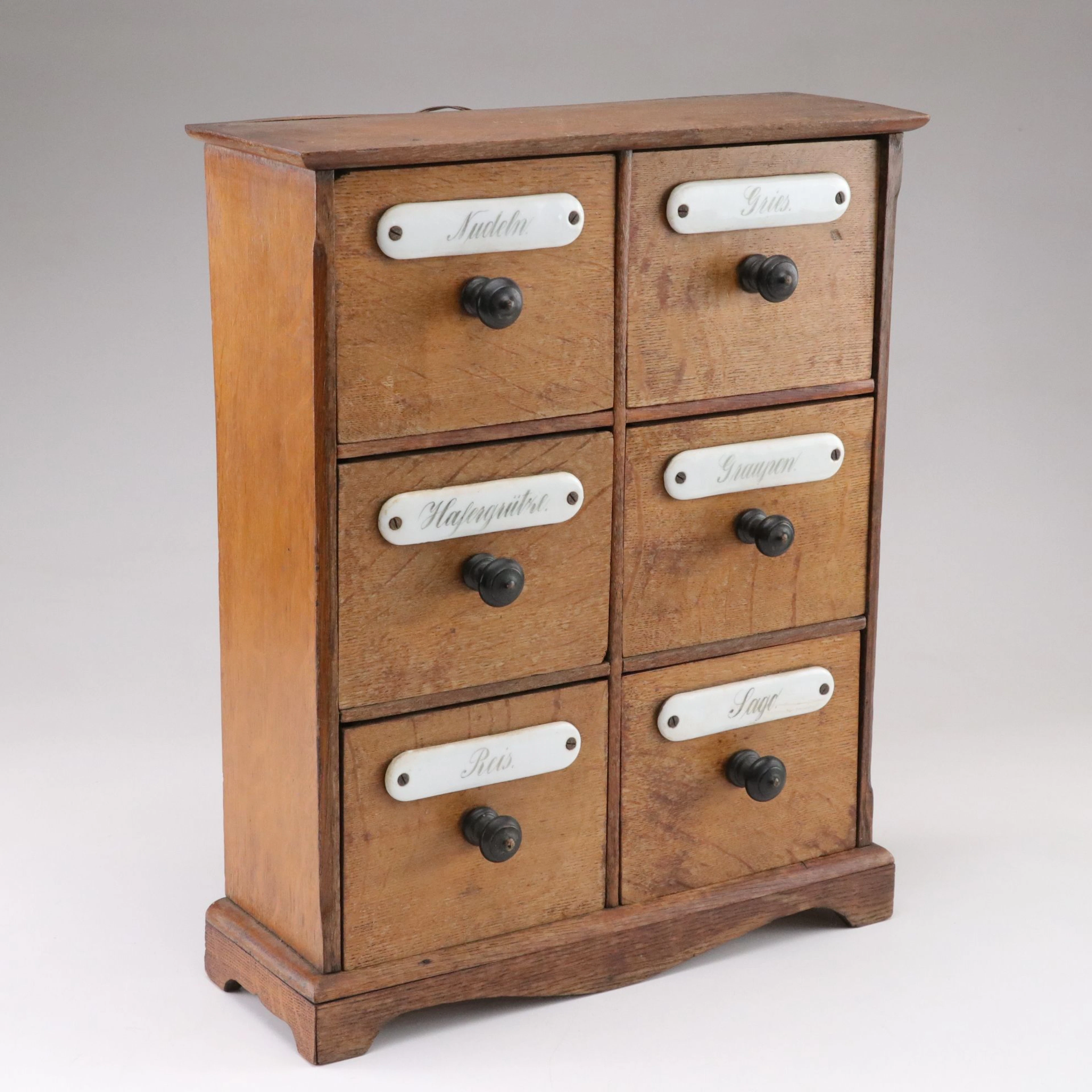 Wooden Spice Cabinet with German Porcelain Labels, Early 20th Century