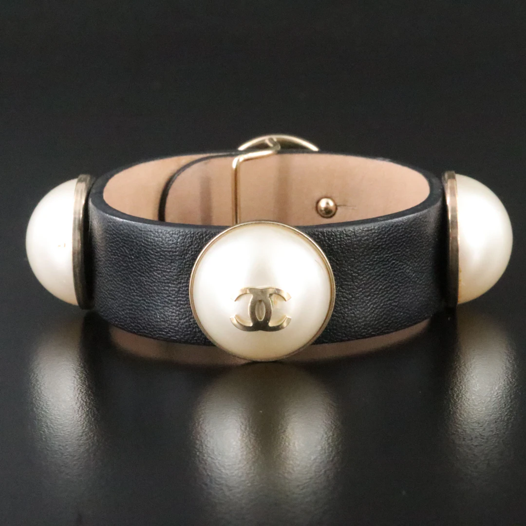 Chanel CC Leather and Faux Pearl Bracelet 2013