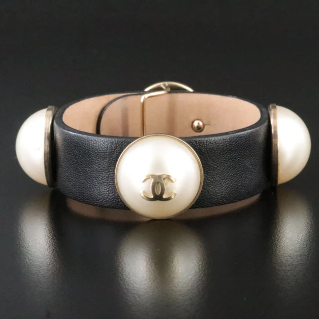 Chanel CC Leather and Faux Pearl Bracelet 2013
