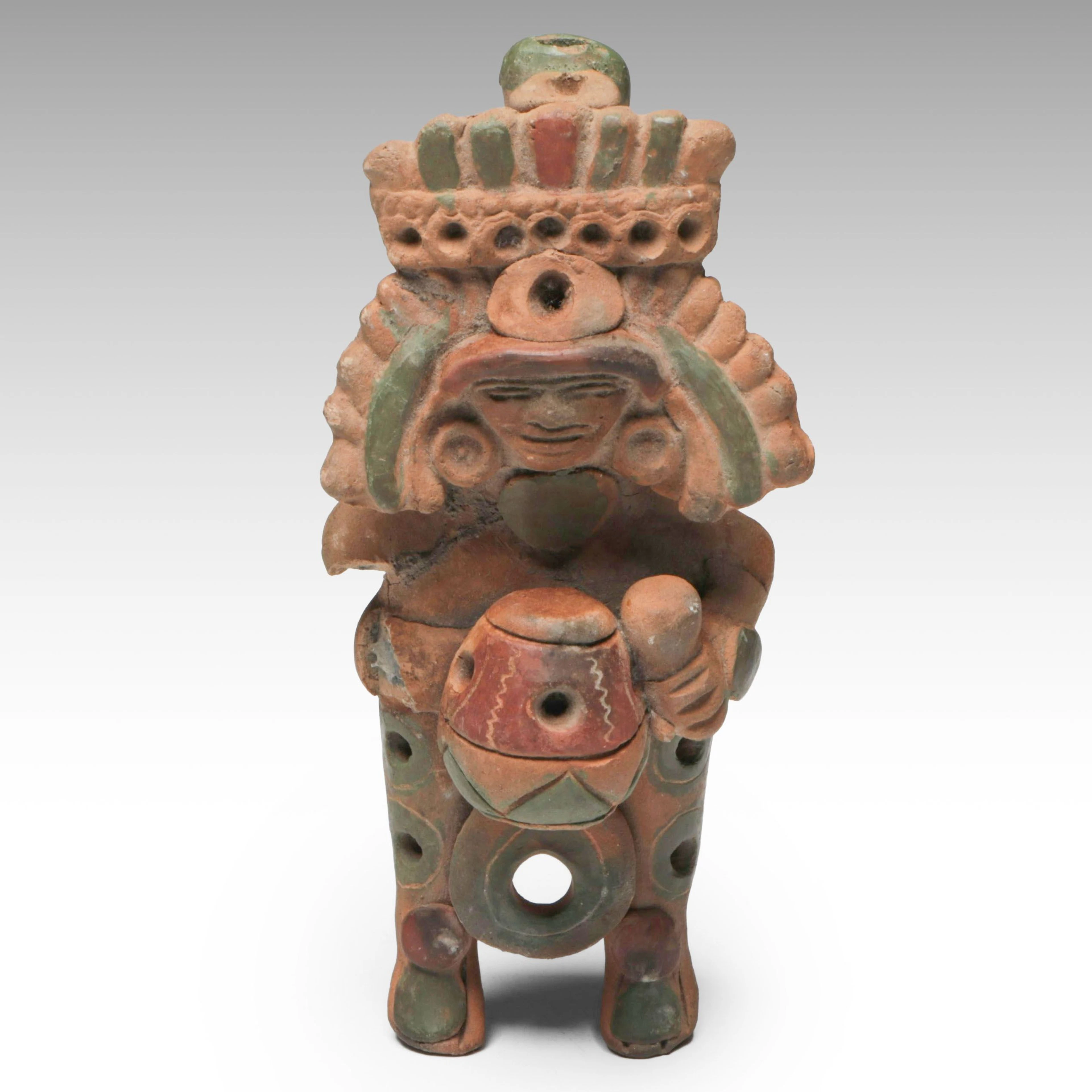 Pre-Columbian Aztec Style Polychrome Figural Souvenir Flute