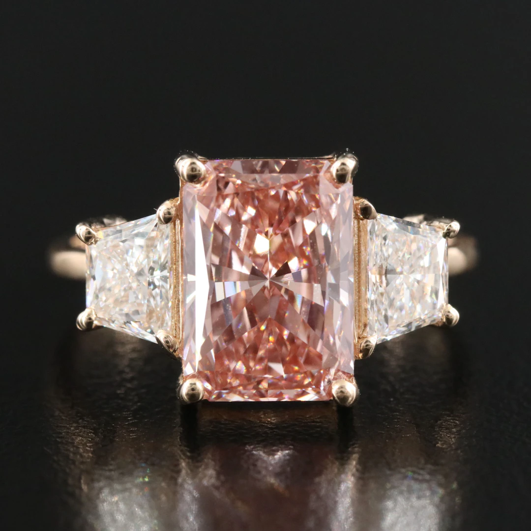 14K 3.94 CTW Lab Grown Diamond Ring with Fancy Vivid Pink Center & IGI Report