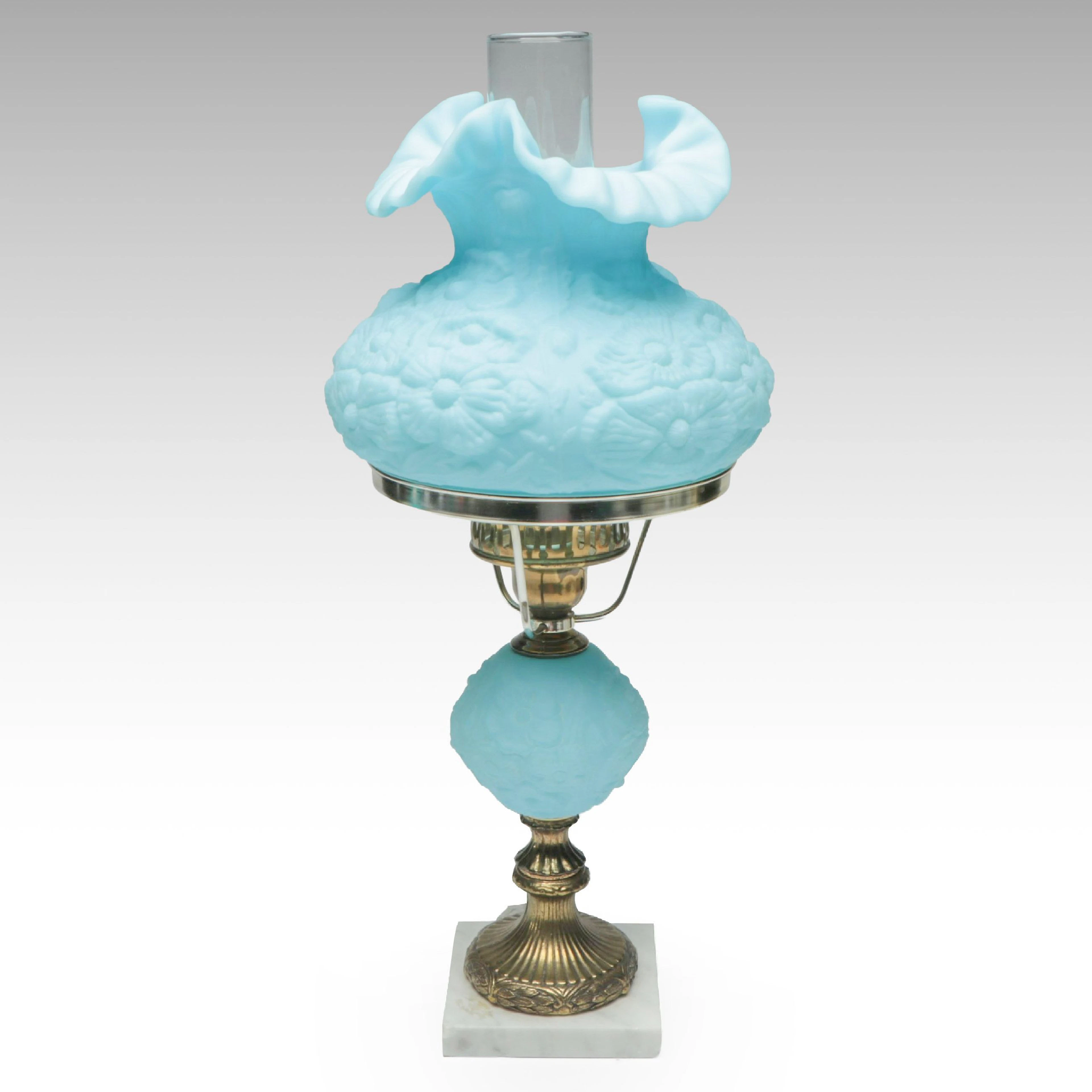 Fenton Blue Satin Glass Poppies Parlor Lamp, Mid to Late 20th Century