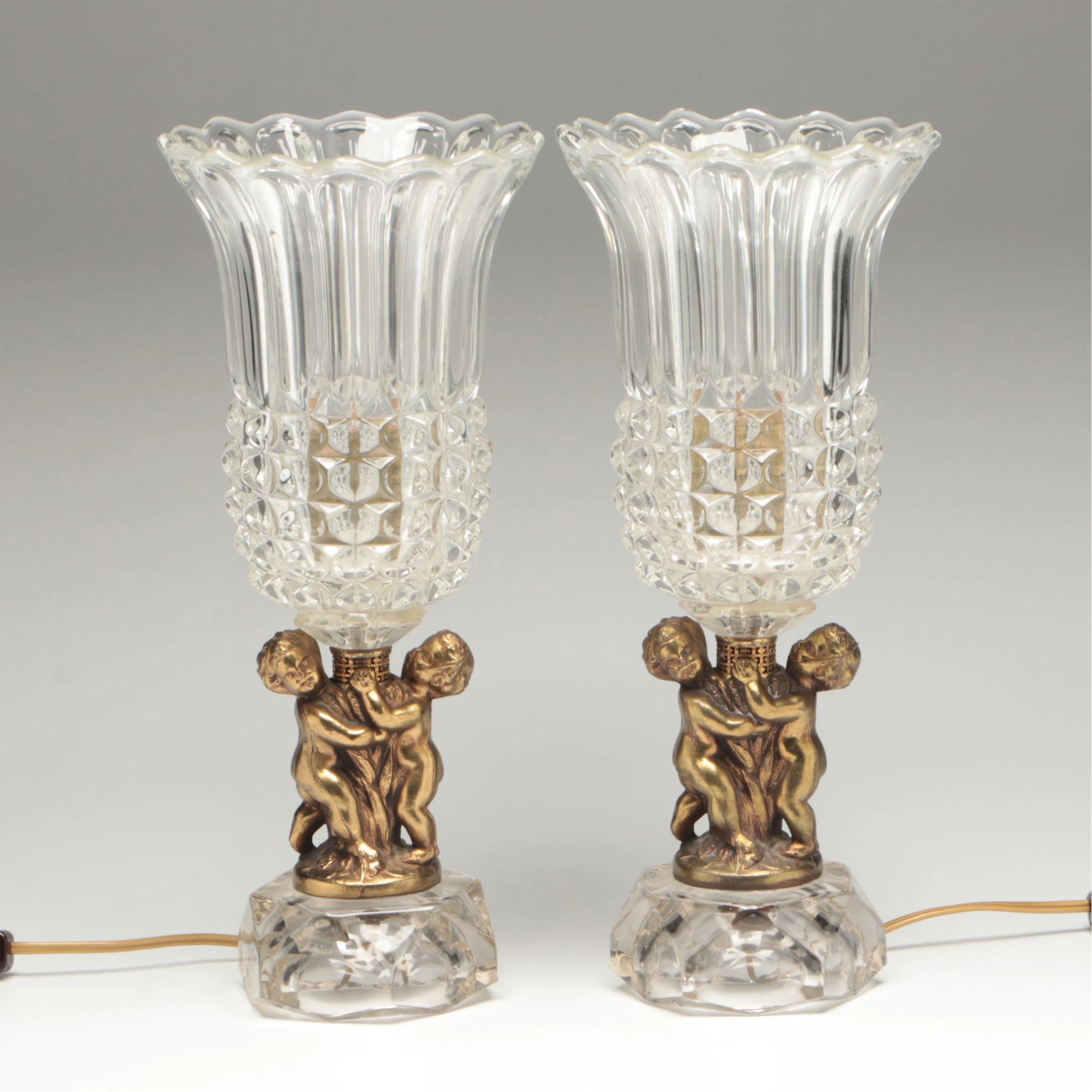 Pair of Rococo Style Gilt Metal and Glass Torchiere Accent Lamps