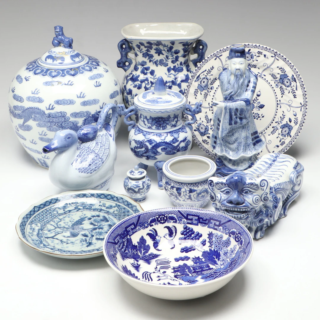Chinese Double Dragon Porcelain Lidded Jar with More Blue and White Décor