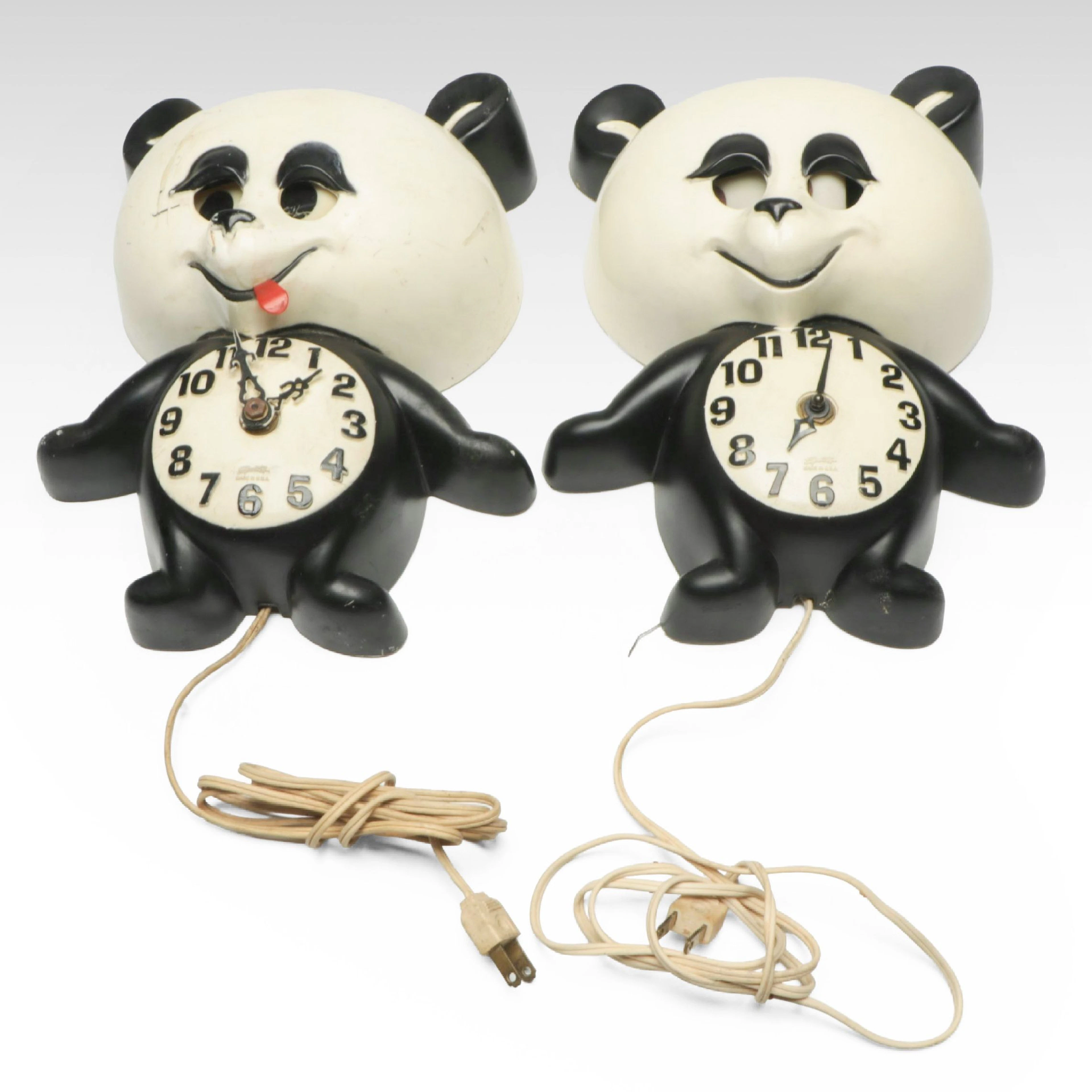 Pair of Vintage Spartus Novelty Panda Form Electric Wall Clocks