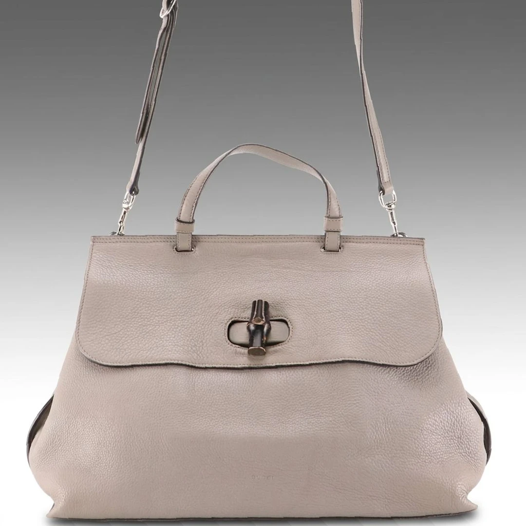 Gucci Large Daily Bamboo Turnlock Two-Way Bag in Grey Grained Calfskin Leather