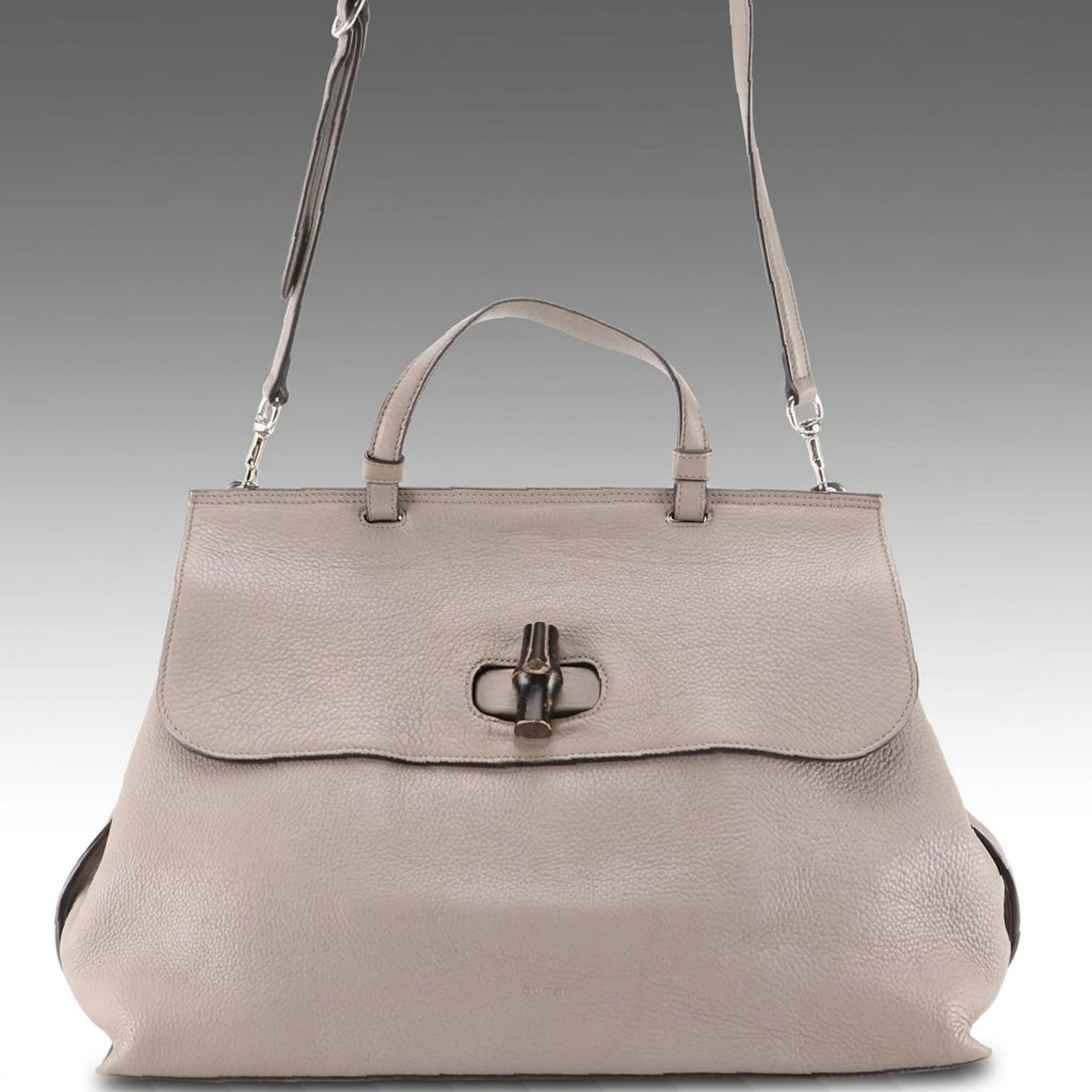 Gucci Large Daily Bamboo Turnlock Two-Way Bag in Grey Grained Calfskin Leather