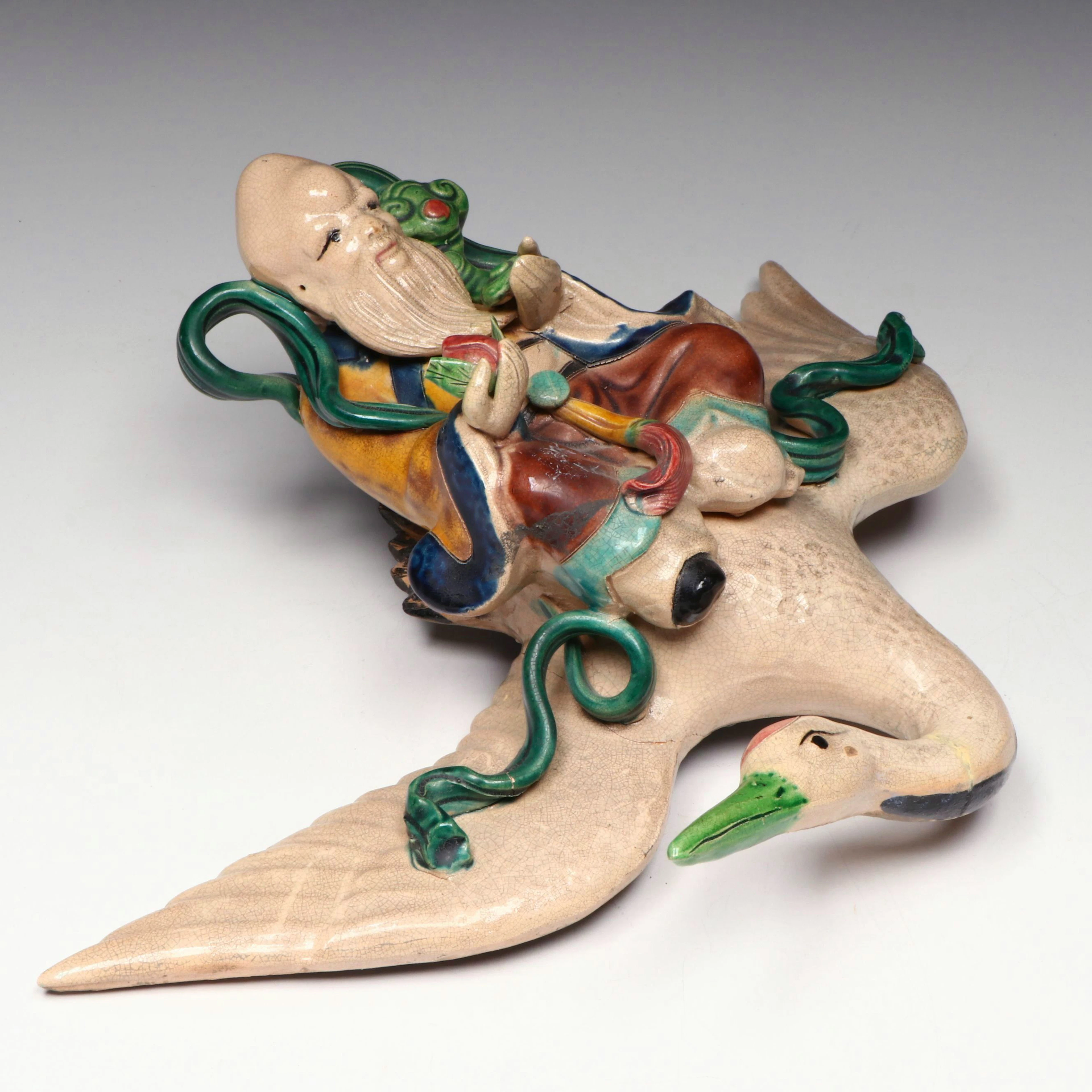 Qing Dynasty God of Longevity, Shou Lao, Riding Crane Ceramic Roof Tile