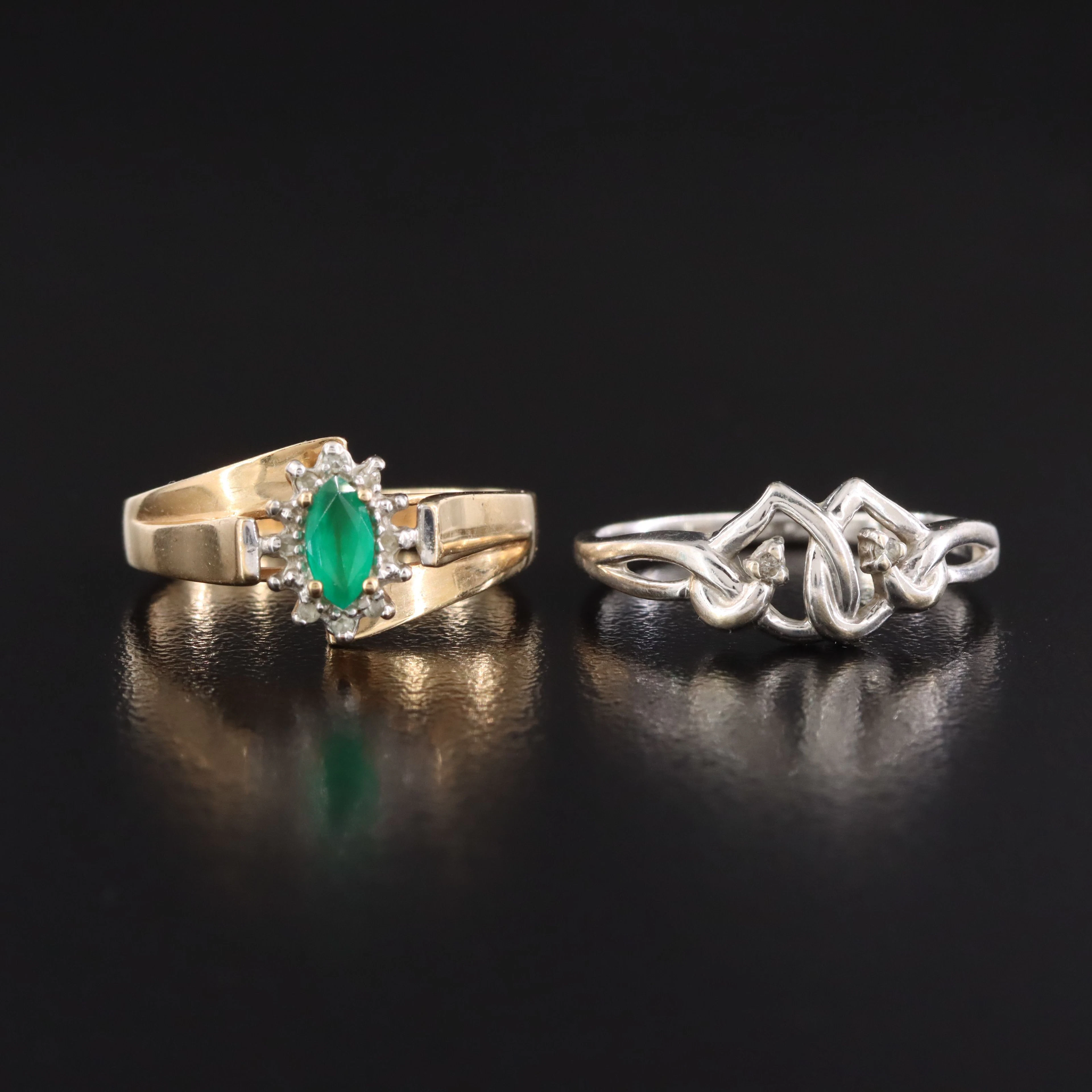 10K Double Heart and Diamond and Emerald Rings