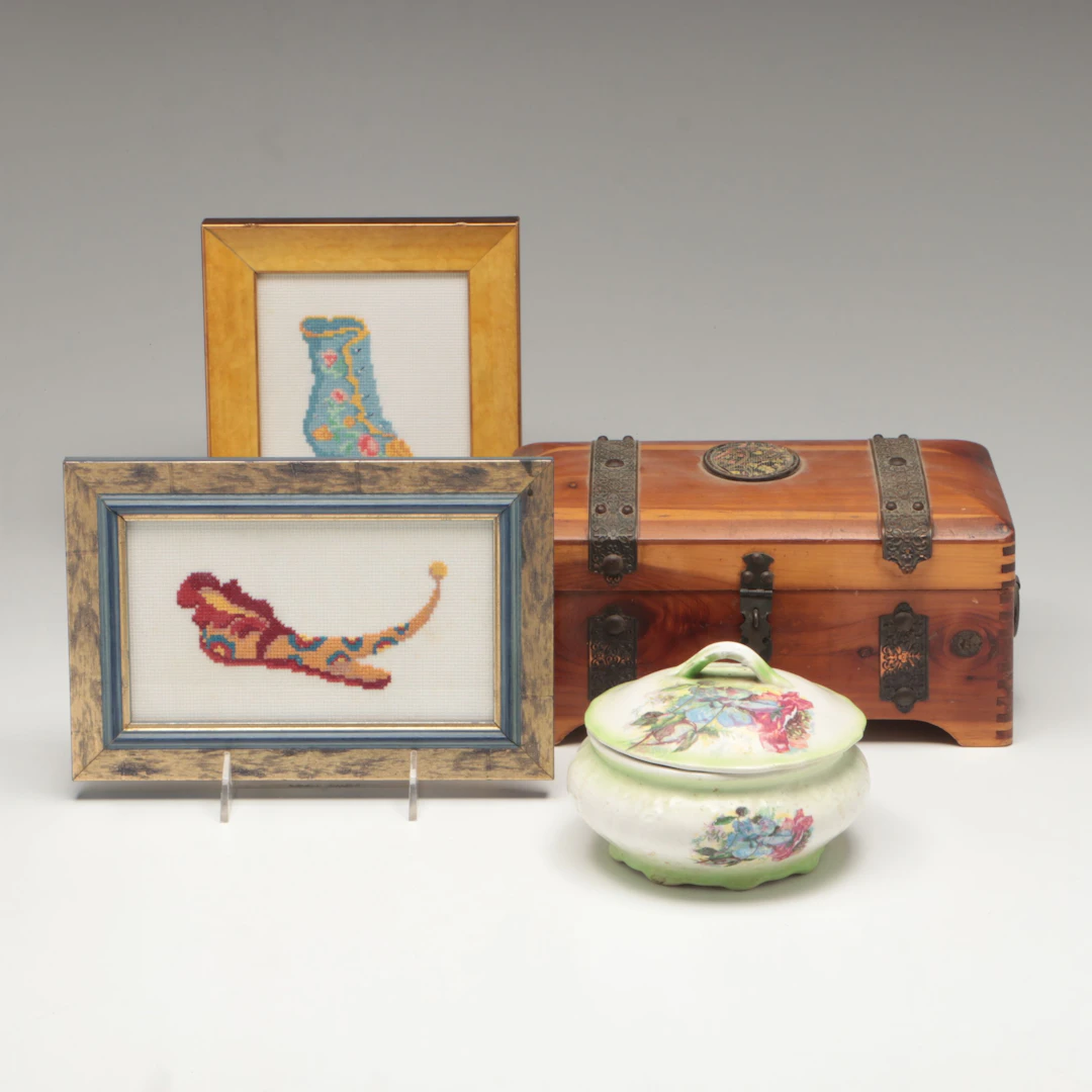 McGraw Box Co. Victorian Style Wood Jewelry Box with Vanity Jar and Wall Décor