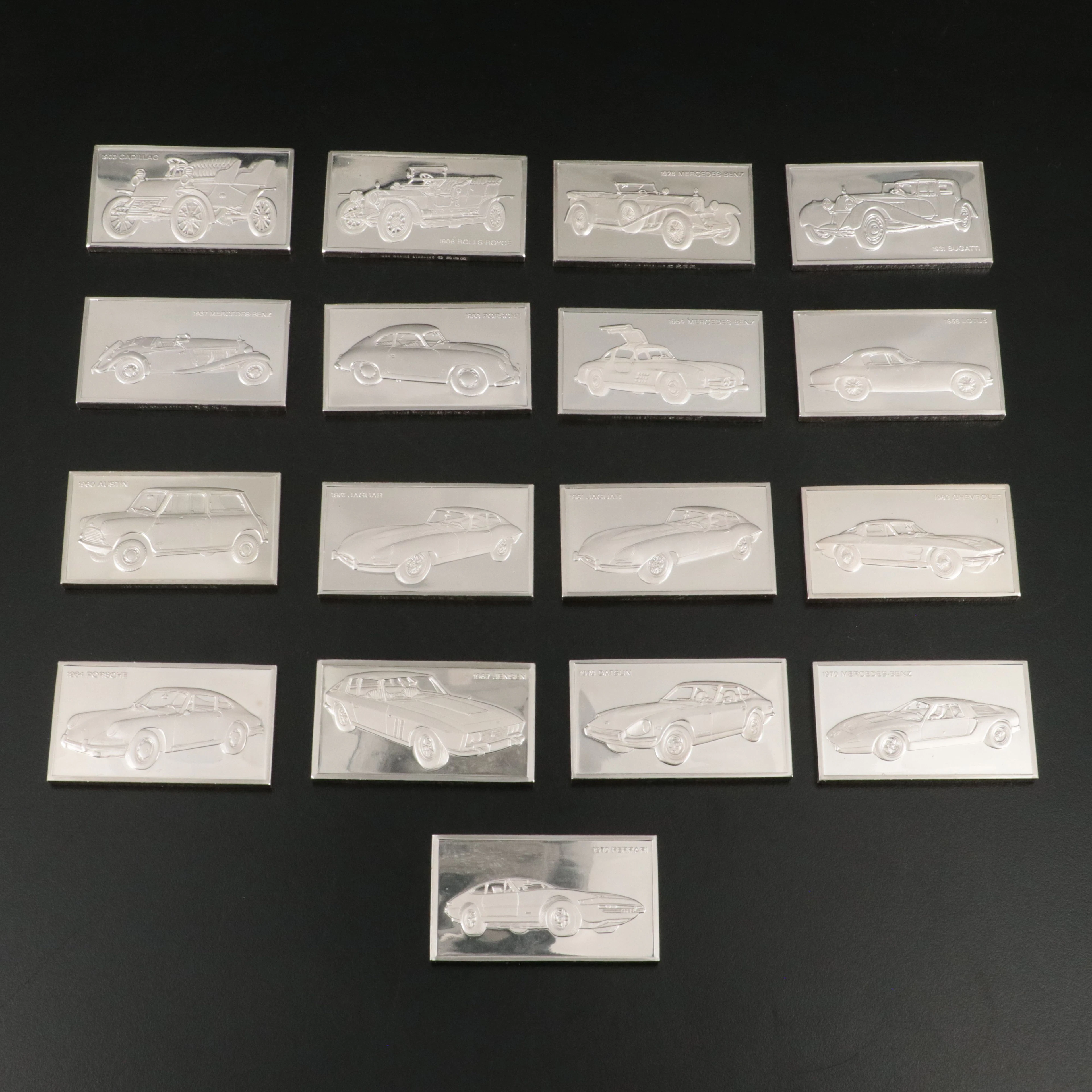 Seventeen Franklin Mint Classic Car-Themed Silver Ingots, Over 32 Ozt. Total