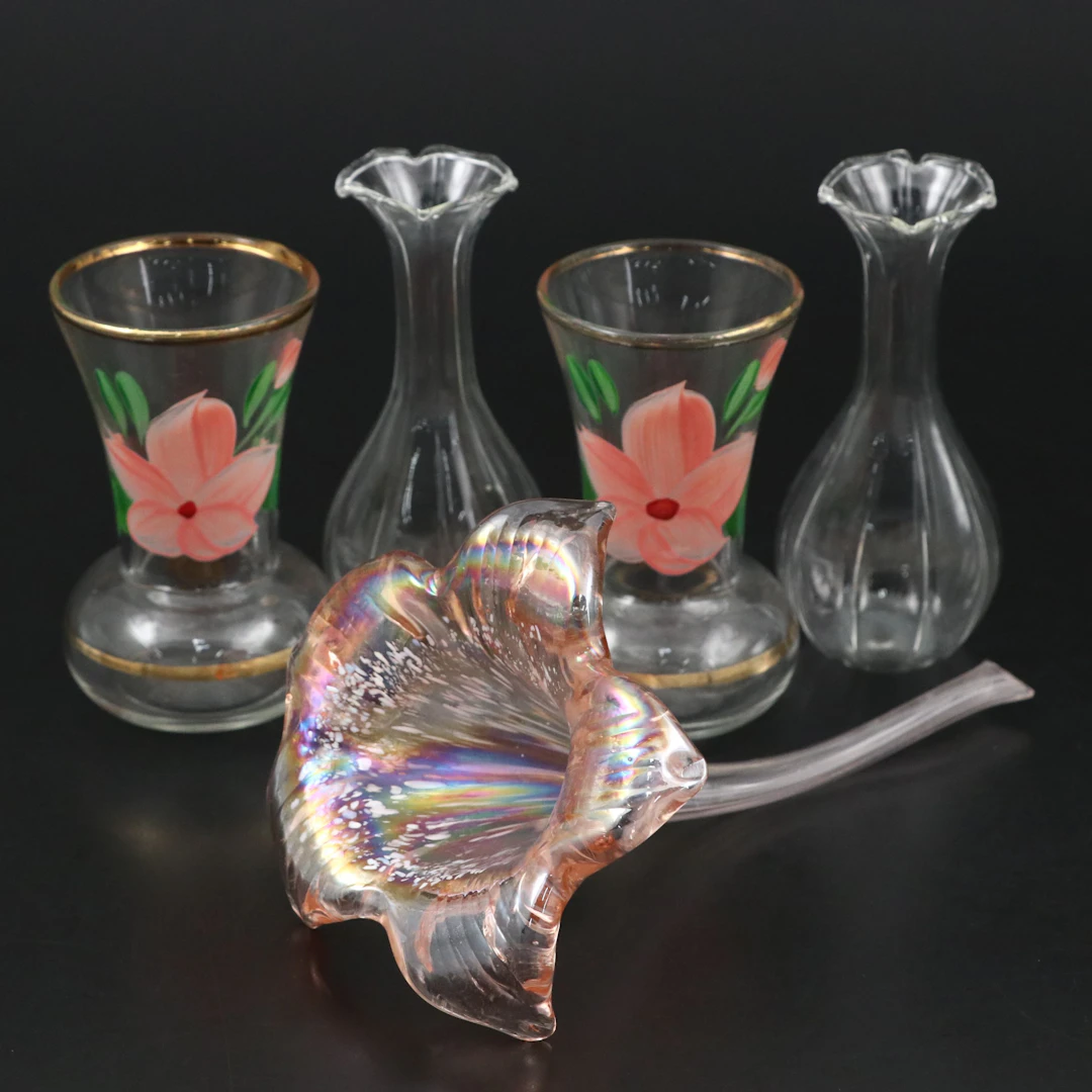 Handblown Iridescent Pink Glass Lily with Bud Vases
