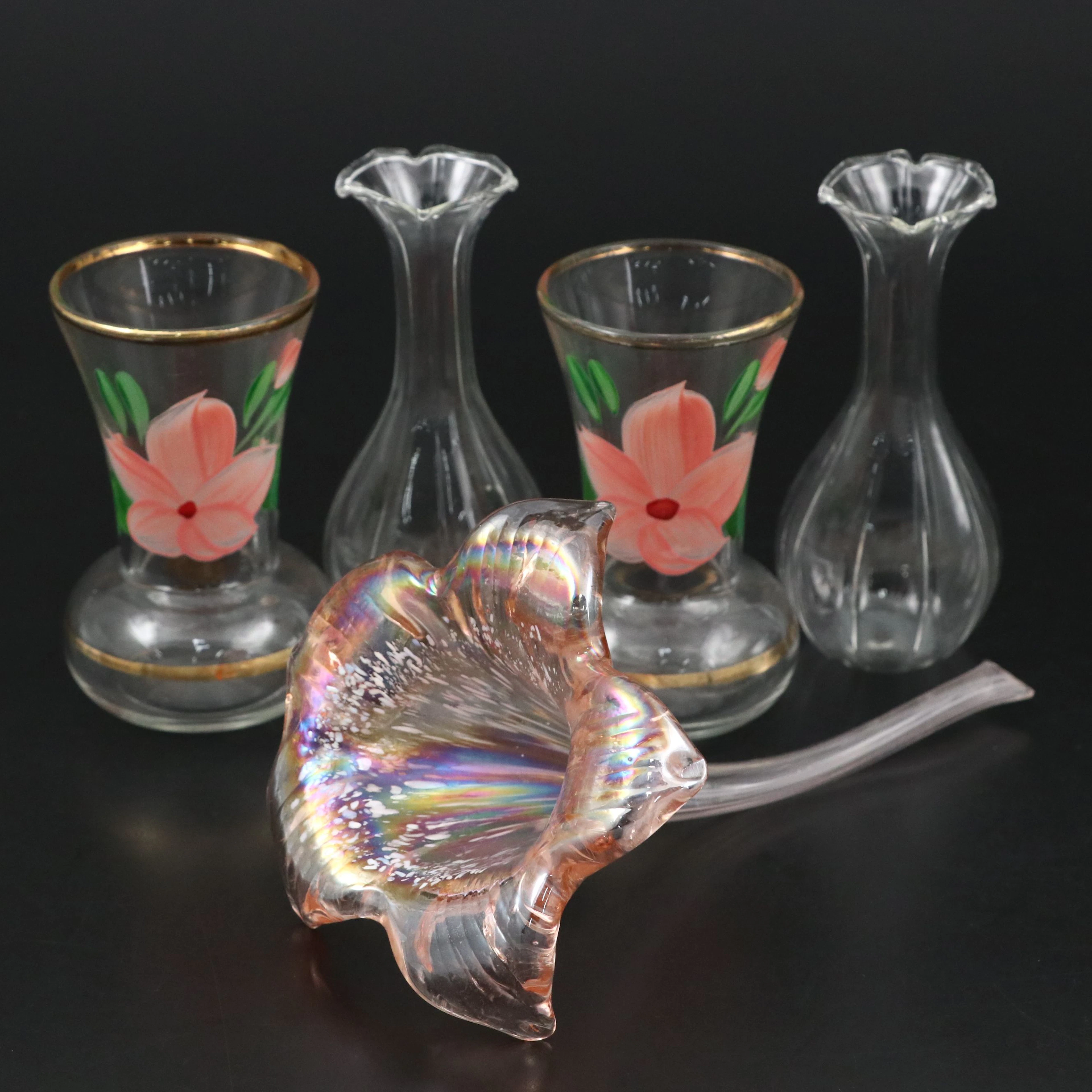 Handblown Iridescent Pink Glass Lily with Bud Vases